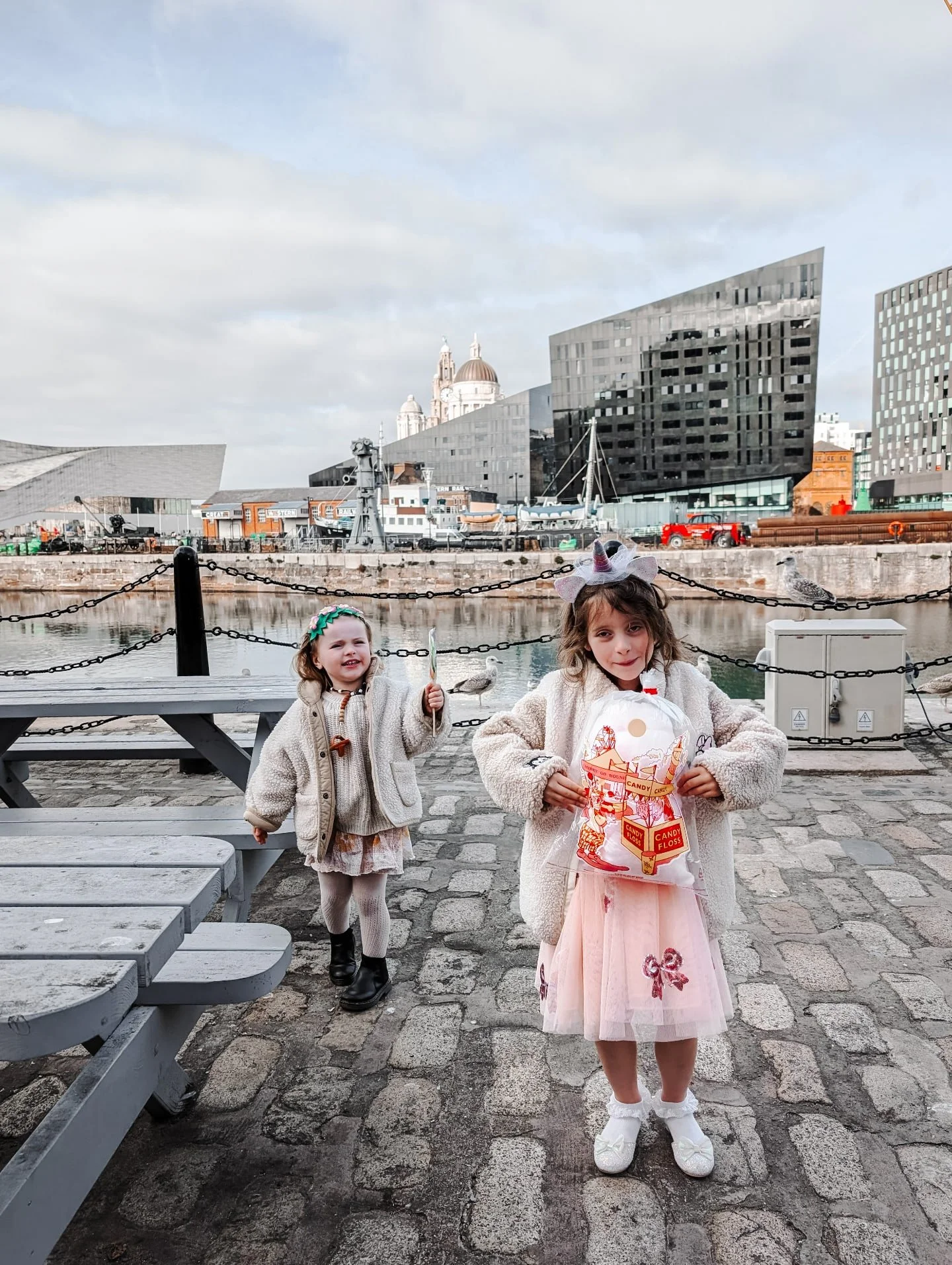 In our candy floss era.
&bull;
Celebrating aunty Gabi today and G. 💍 
&bull;
&bull;
&bull;
&bull;
&bull;
#candyfloss #Liverpool #girls #marlowandrua #wedding #liverbuilding @sugarrmouse