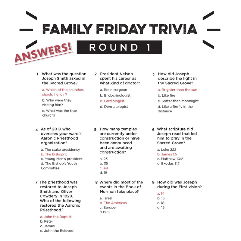 Family Friday Trivia Answers - Downloadable PDF