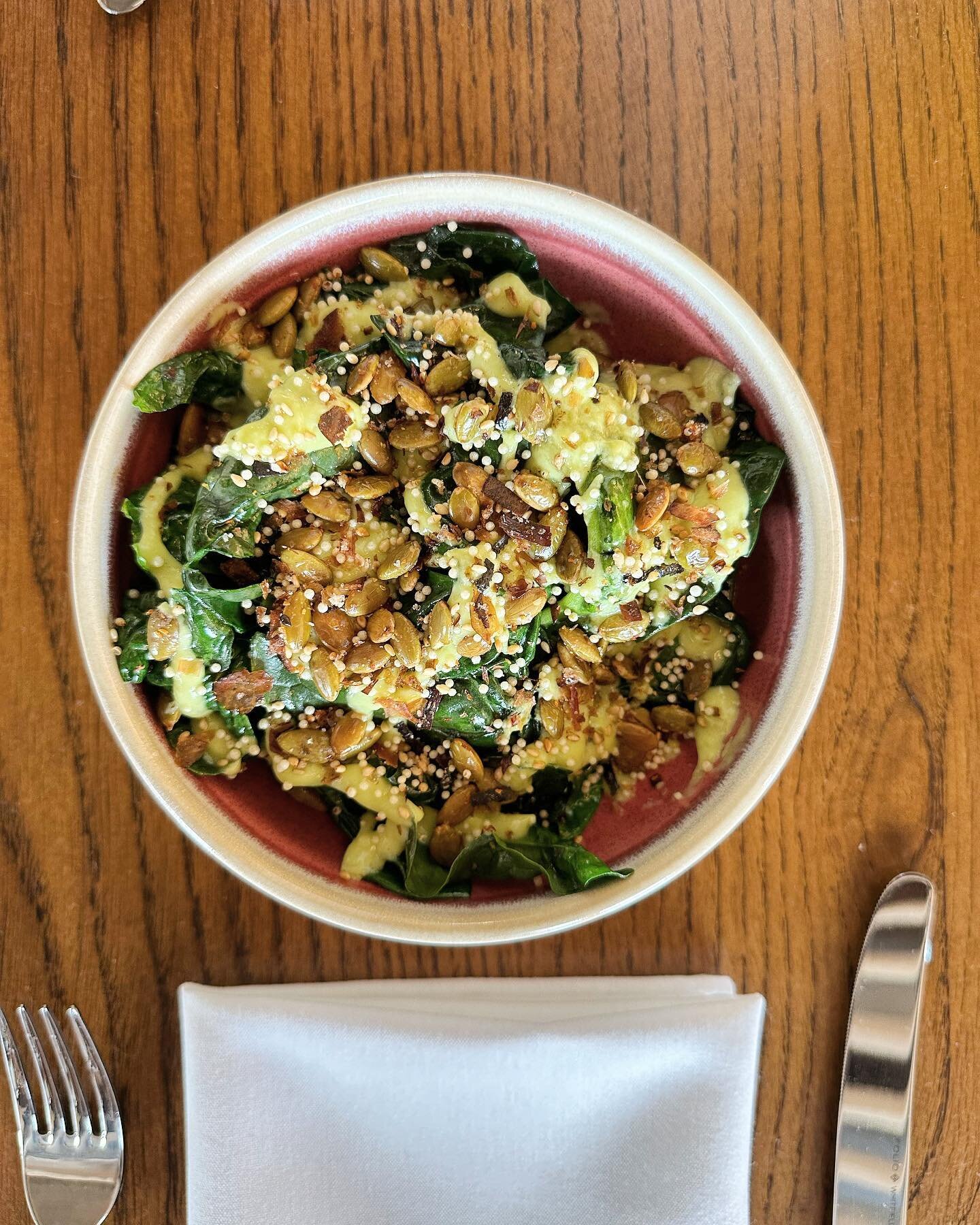 🚨New Vegetable Dish! For a limited time we&rsquo;ve got some of Thane Palmberg&rsquo;s iconic spinach! These hearty leafs are topped with an avocado dressing and pumpkin seed furikake! Simply amazing!