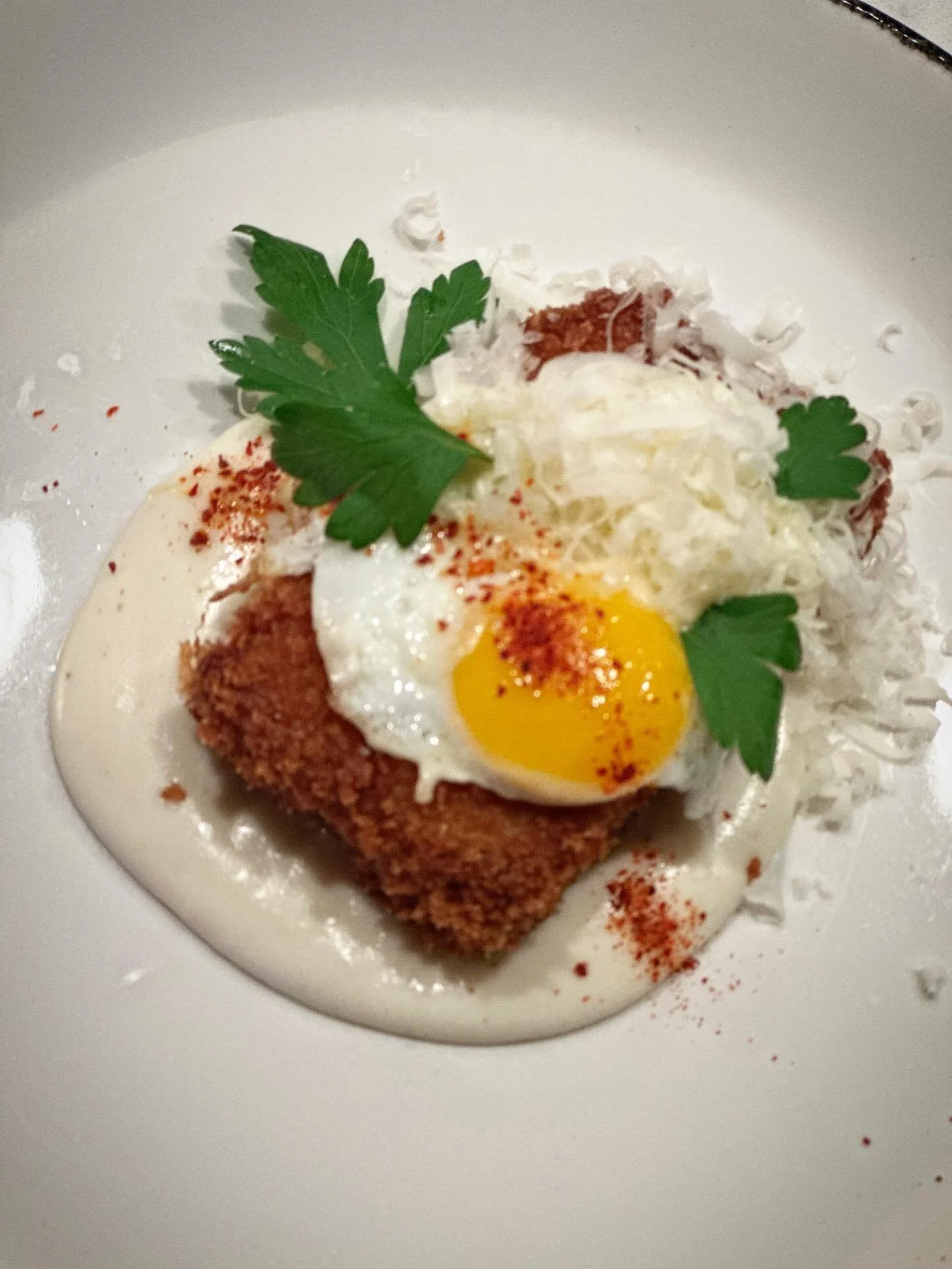 First Friday Lunch is always a great fun opportunity to try new things and tomorrow is no exception! We have a fried pork/ham terrine topped with a quail egg and Gruy&egrave;re cheese over a sauce b&eacute;chamel with pickled mustard seeds. Our littl