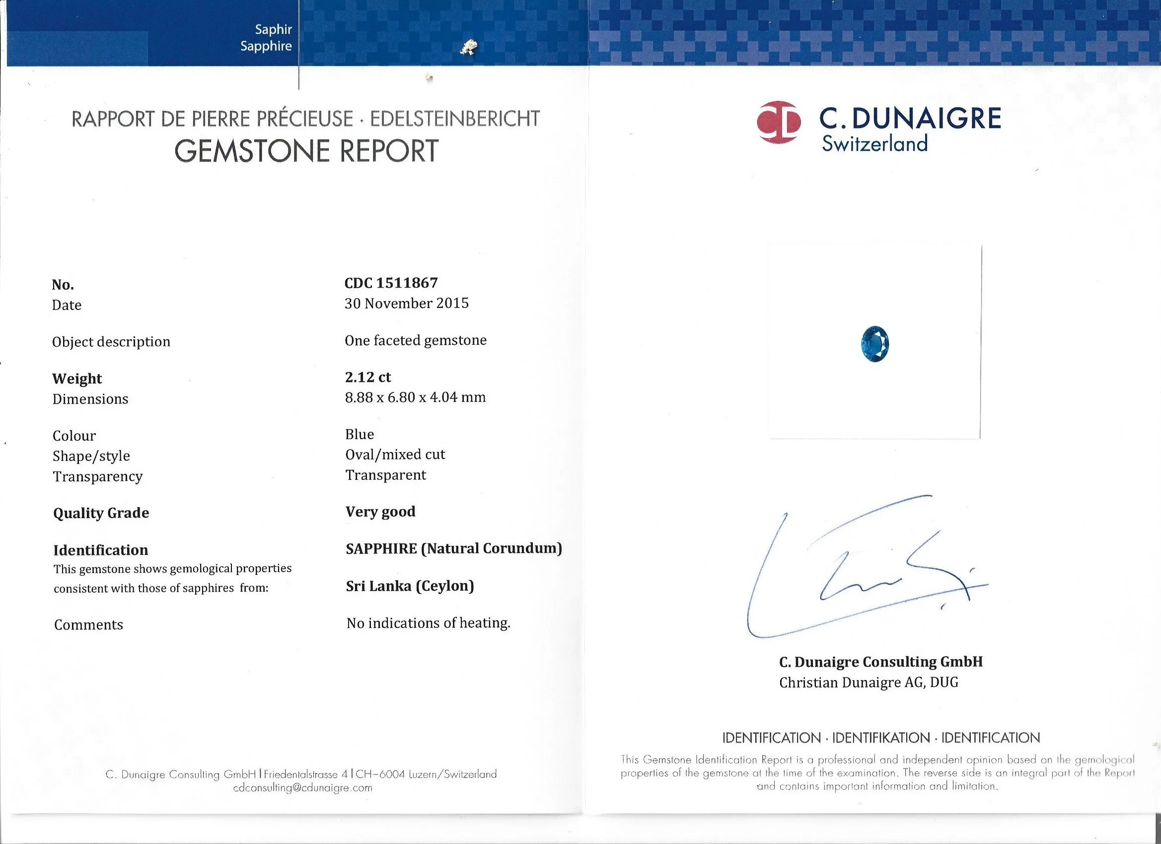 a gemstone report from a laboratory in  Switzerland