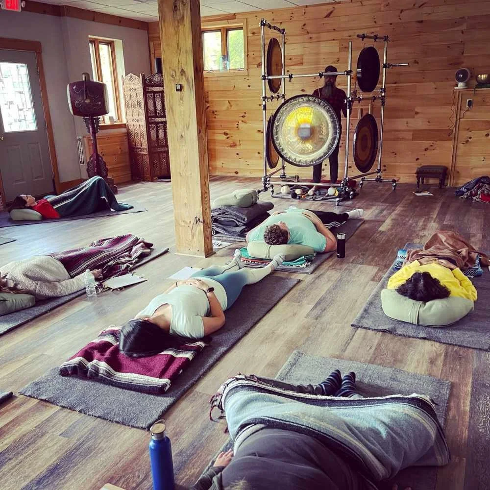 Guided gong meditation during a weekend meditation retreat in Brattleboro, Vermont.