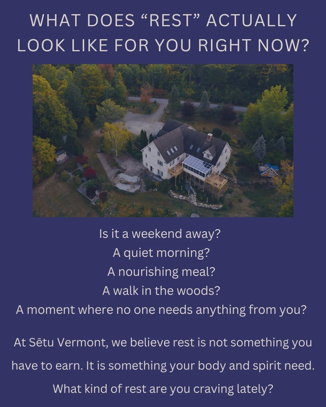Rest is not something you have to earn.

At Sētu Vermont, we offer space to slow down, reconnect, and feel nourished in body, mind, and spirit.

Explore upcoming retreats:
https://setuvermont.com/

#SetuVermont #VermontRetreat #WellnessRetreat #Ayurv