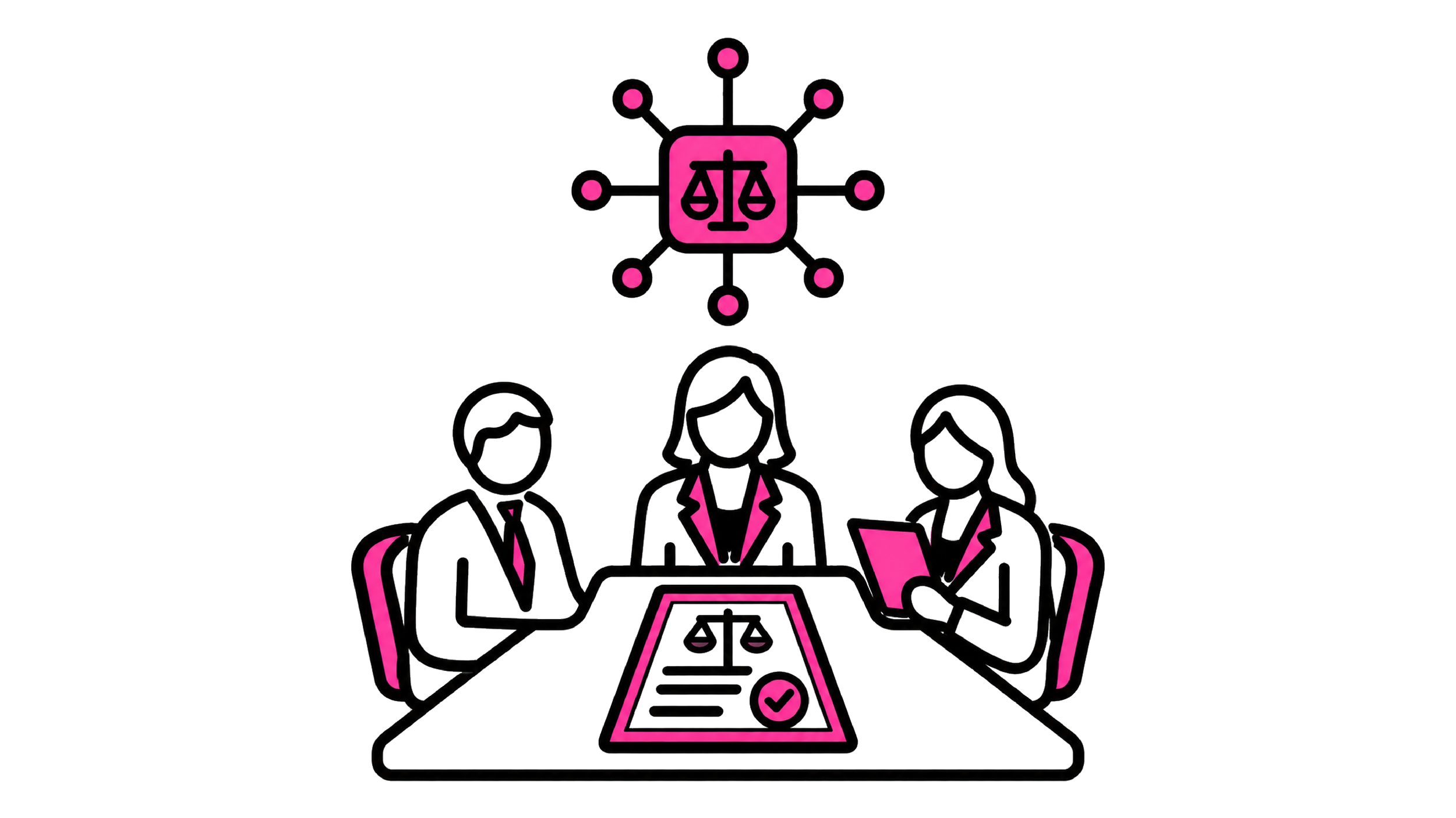 Three professionals evaluate an AI governance framework around a conference table.