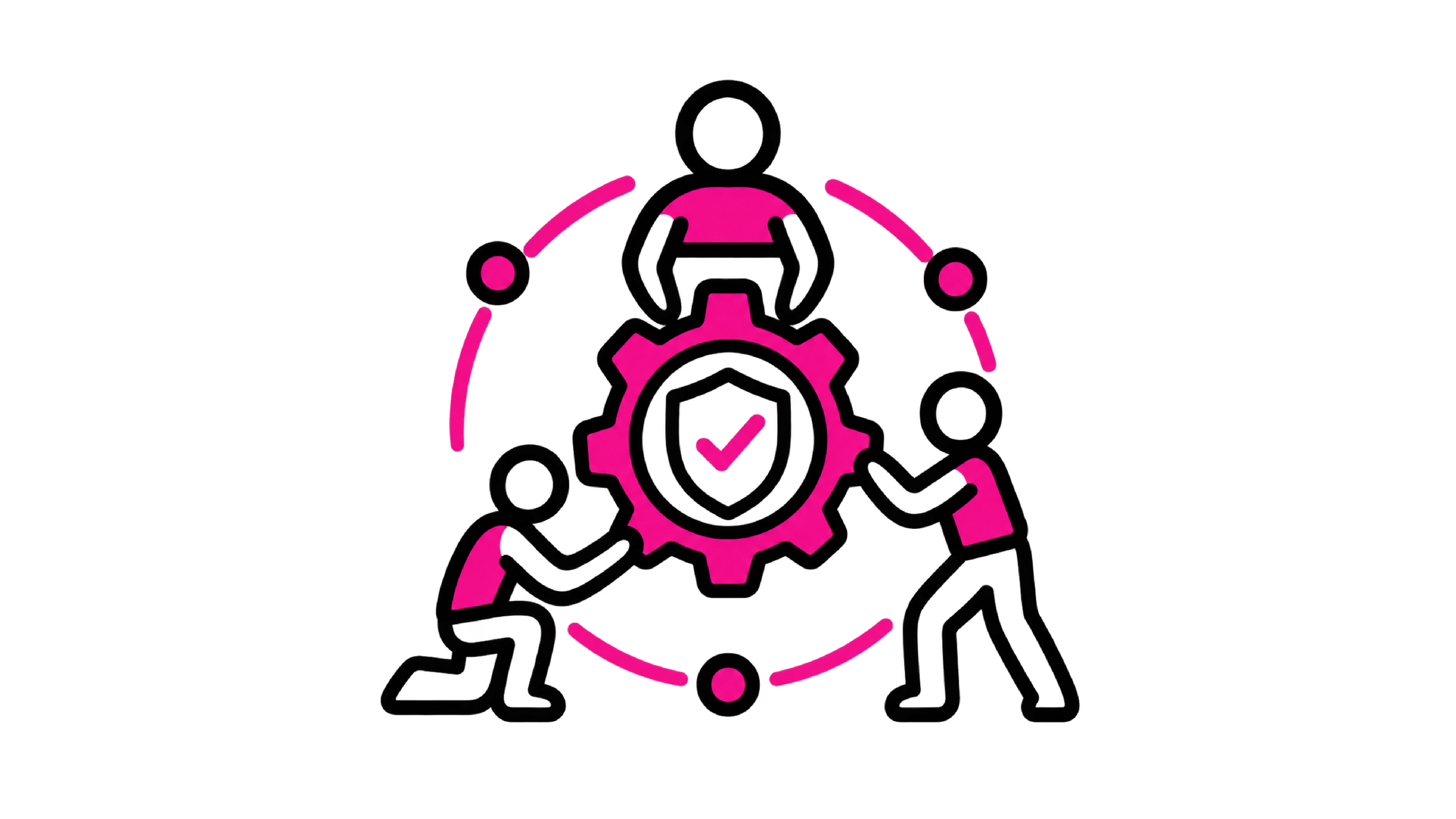 A product team collaborates around a gear containing a trust and safety shield.