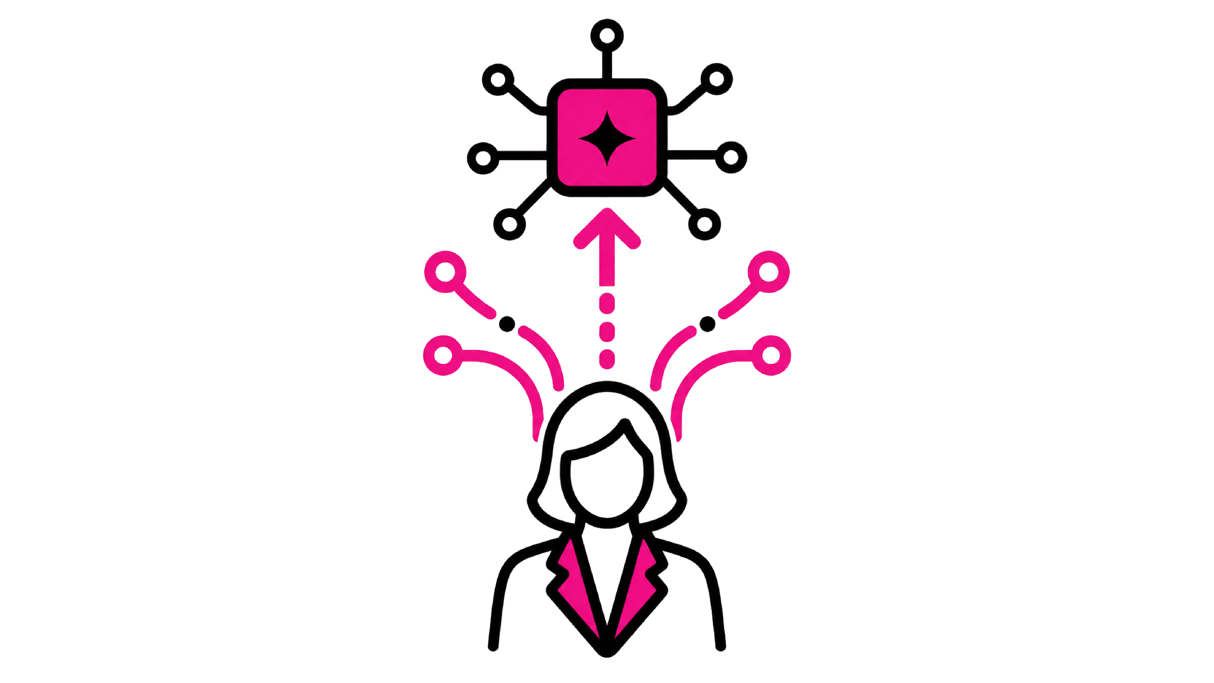 A woman leader guides branching digital pathways toward an AI system.