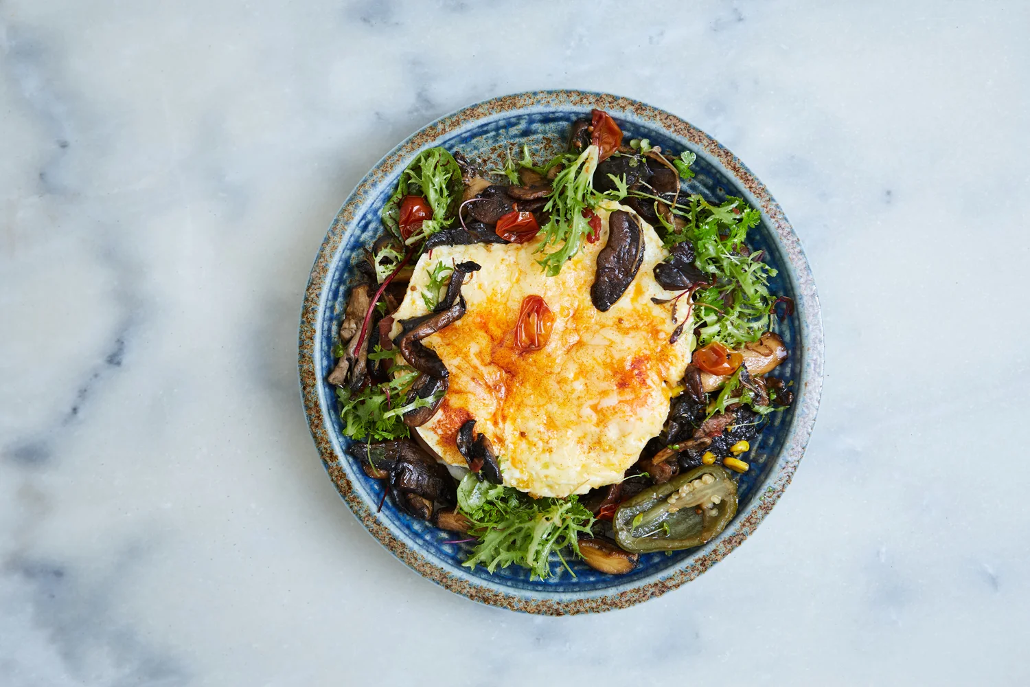MAGIC MUSHROOMS - PARMESAN, PAPRIKA FRIED EGGS, JAMON SERRANO ON RYE, CORN TRUFFLE, MUSHROOM SALAD