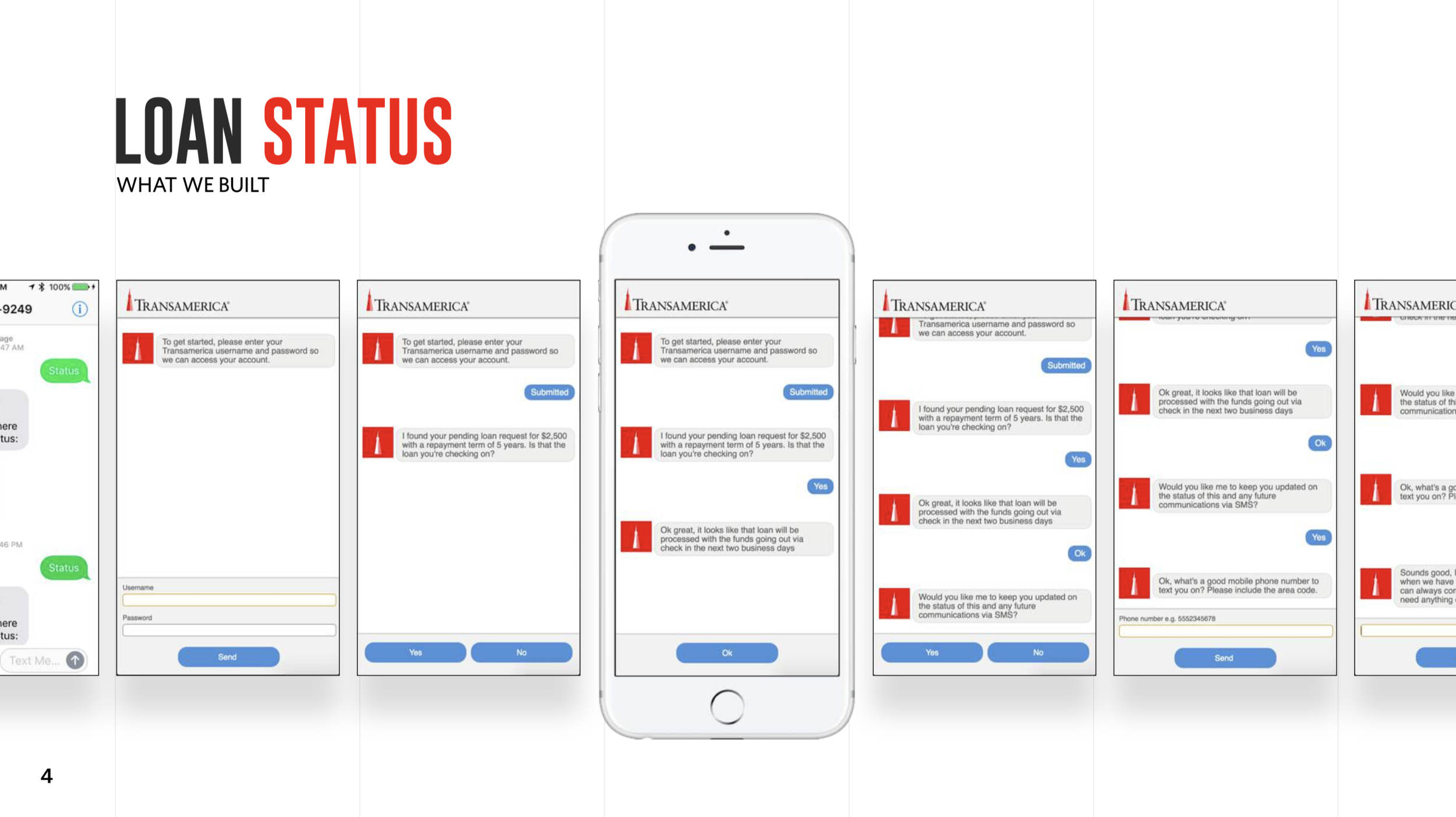  The Transamerica Chat Bot was an effort to redirect some of the customer service team's time and energy into a self-contained, intelligent bot directed flow. We identified a few simple common issues that drained massive amounts of time (and therefor