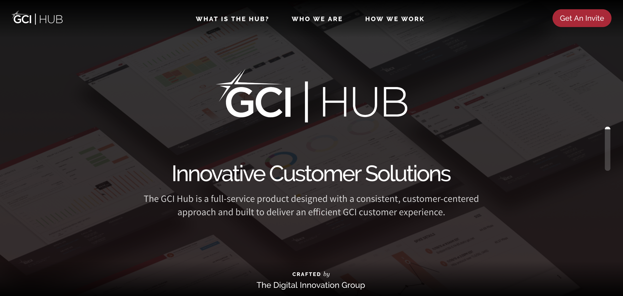  The marketing site for GCI's Digital Innovation Group sought to share our team's approach to design and development and give insight into our primary product, the GCI Hub. 
