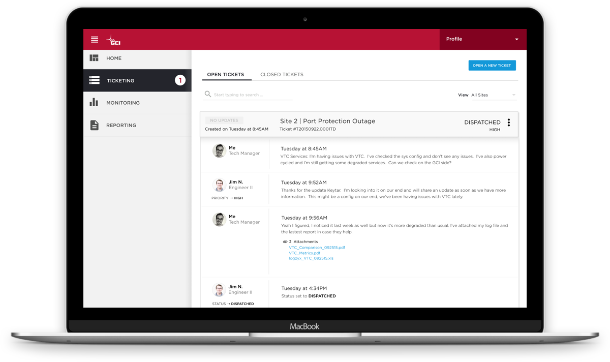  At GCI, the first critical issue that our team tackled was the implementation of a customer service ticketing system. We created a detailed system where customers could report issues and GCI technicians could respond quickly and easily while both si