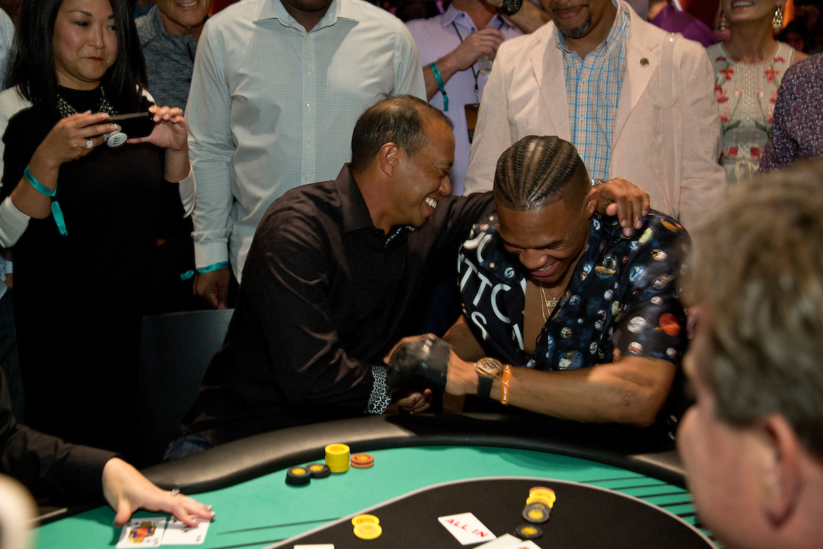 Russell Westbrook beats Tigers Woods with the Faded Spade poker playing cards Queens