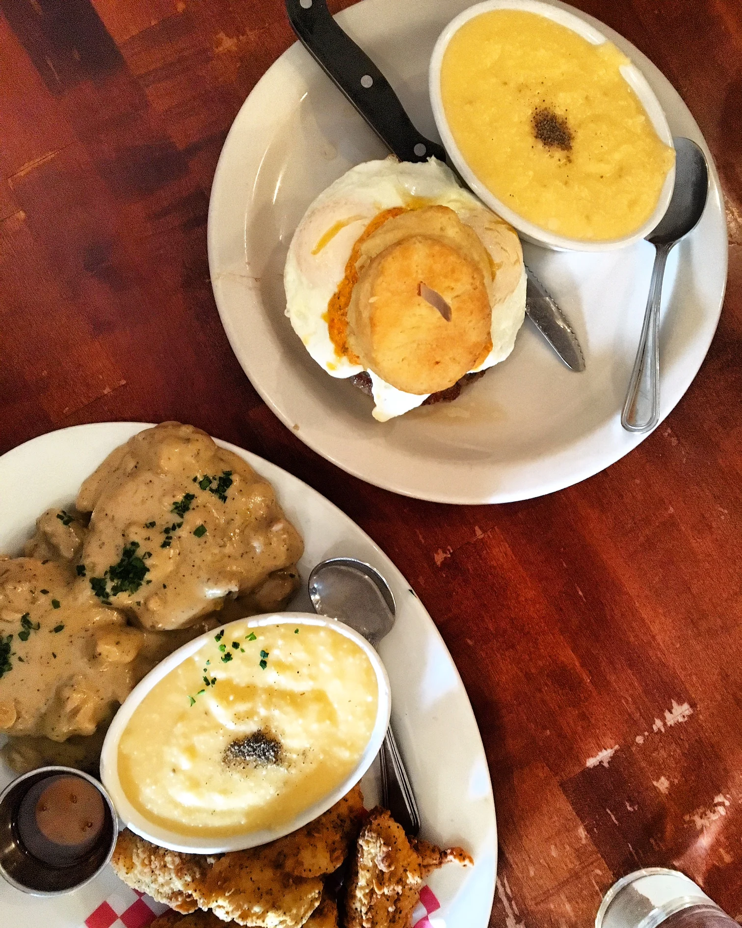 So back to breakfast. I had two biscuits with sausage gravy and a side of cheddar grits. Dan had a pimento cheese & sausage biscuit sandwich. Four thumbs up on this meal!