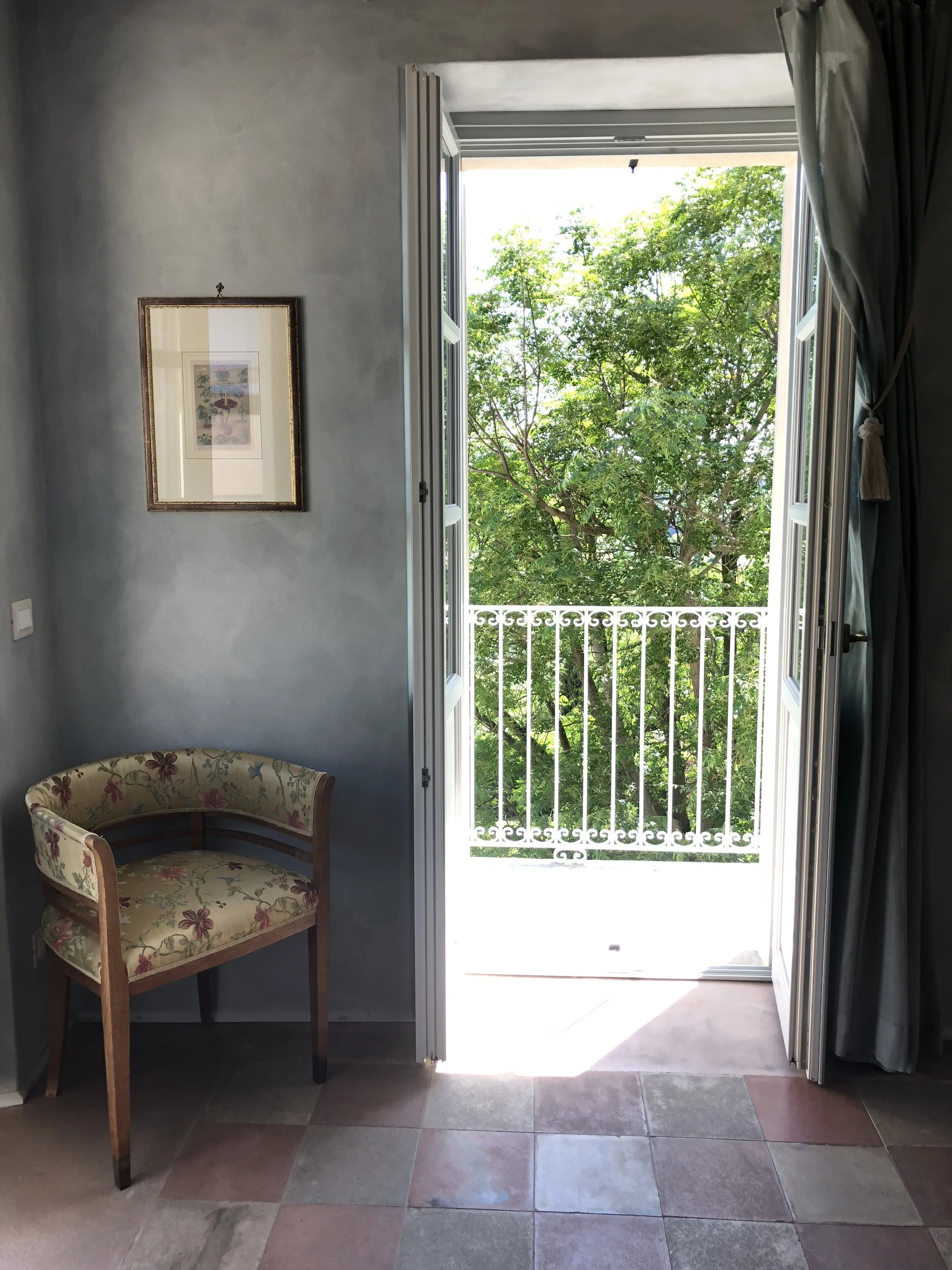For two nights in Govone, we called Ca Alfieri al 30 our home, a beautiful bed & breakfast run by an Italian couple. This is a small sitting area in our room with a balcony that overlooks the grounds.