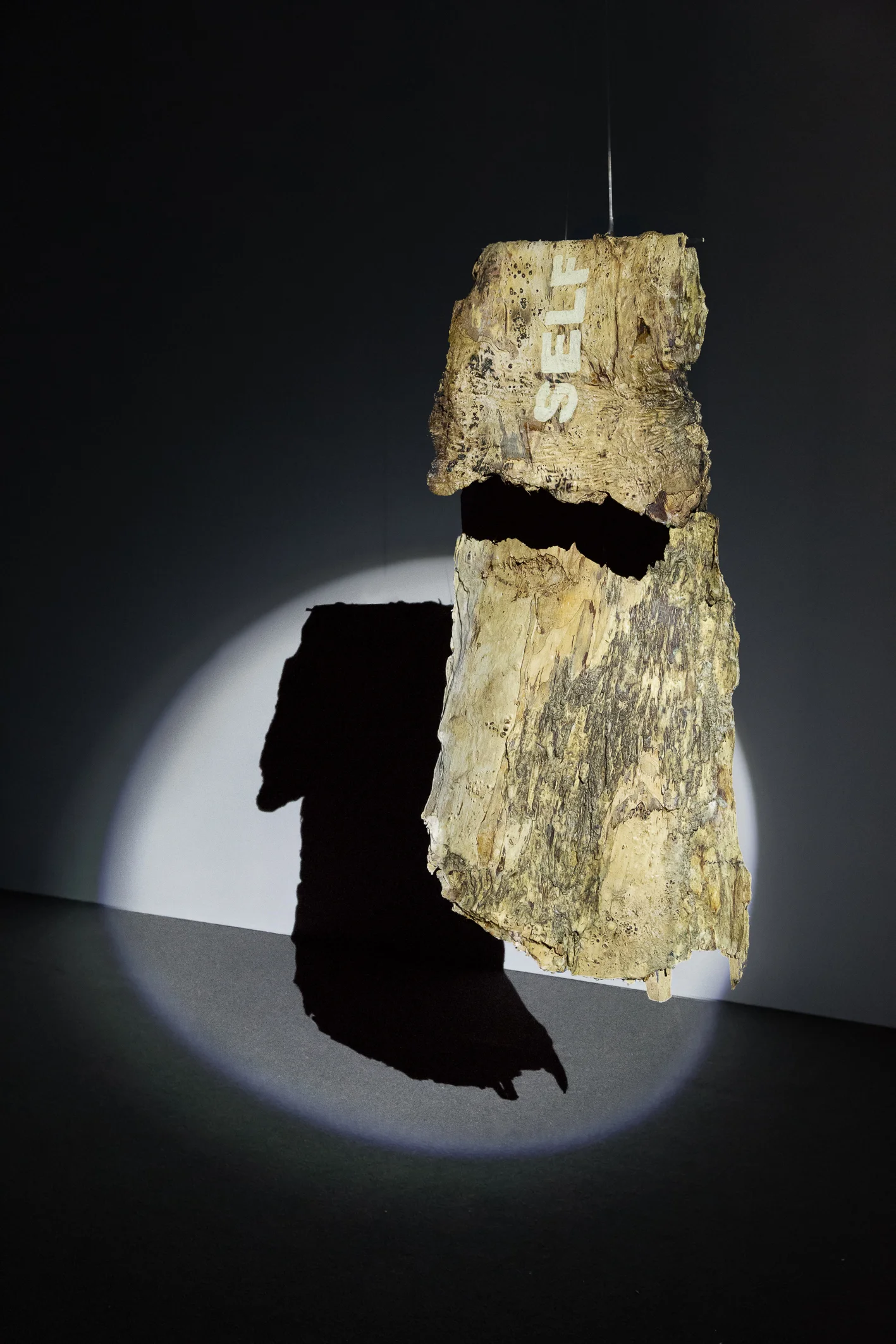 Megan Cope, The Empire Strikes Black II (Self Determination), 2018, Oodgeroo (paperbark), Ochre and Beeswax 104 x 48 cm (approx.)