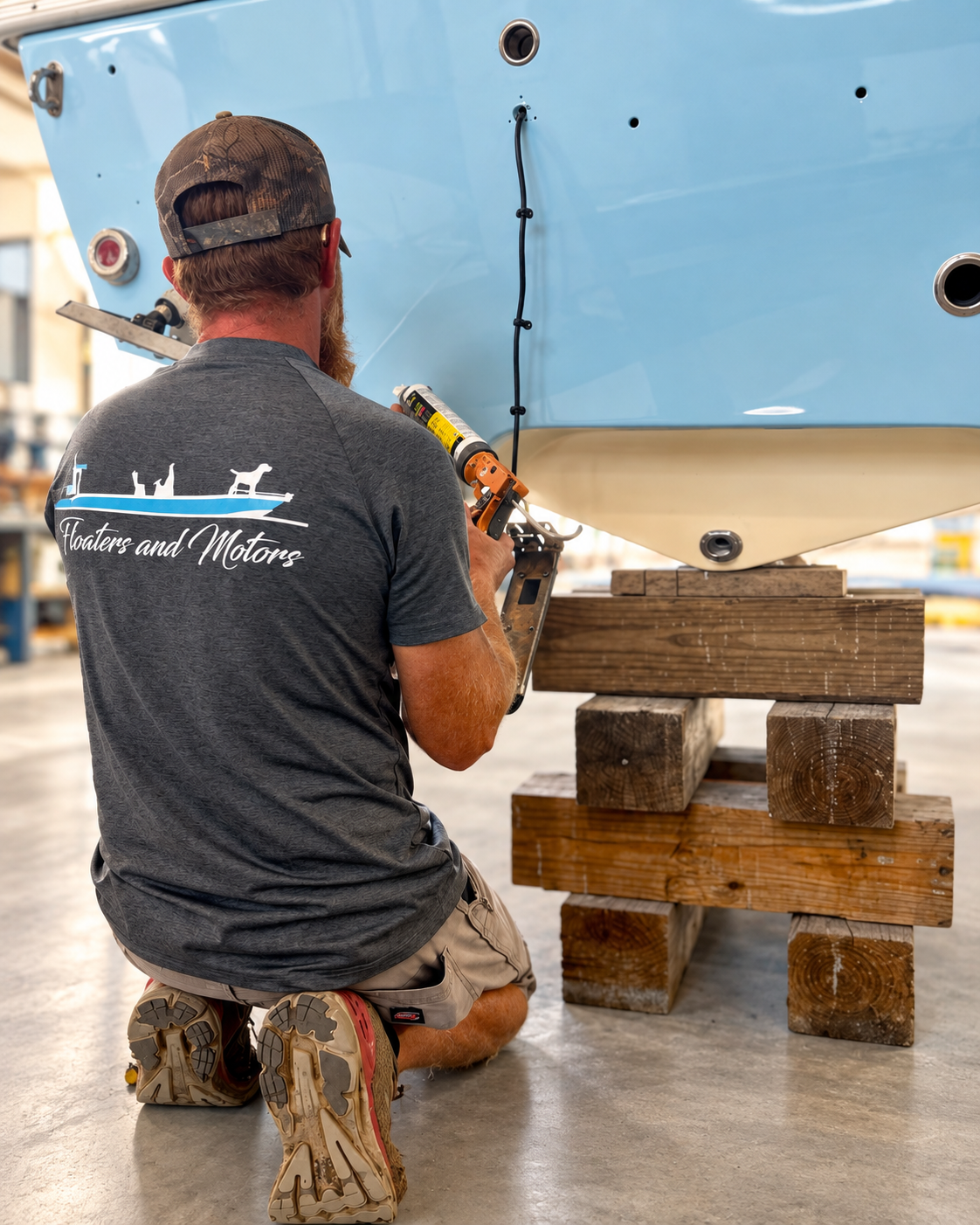Marine technician performing repair work beneath a light blue boat hull in the Floaters & Motors shop.