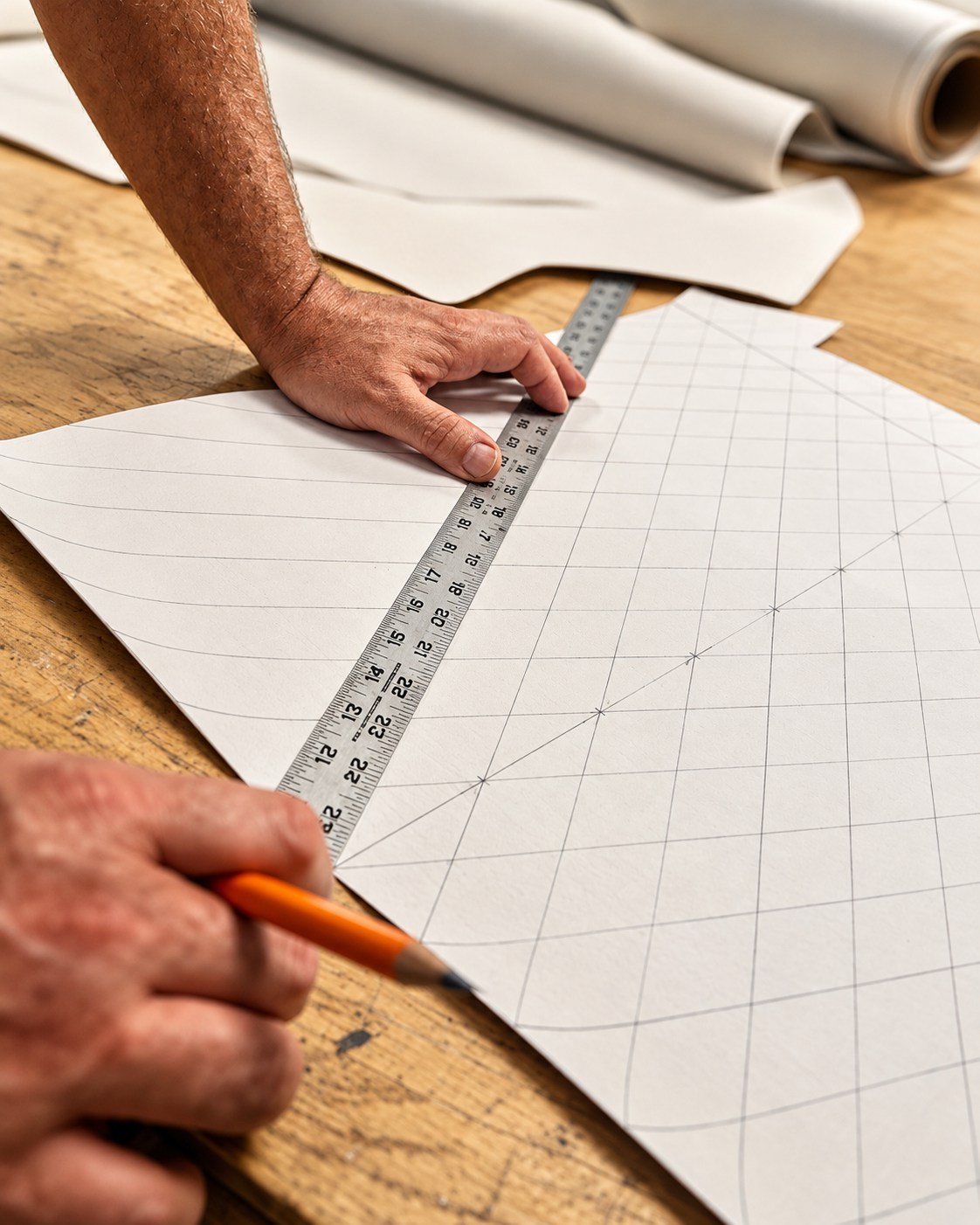 Technician measuring and marking a custom marine upholstery pattern on a worktable.