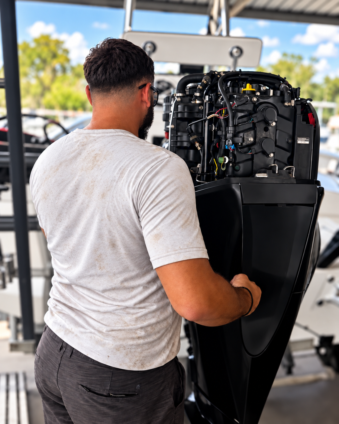 Marine technician servicing an outboard motor on a boat at Floaters & Motors.