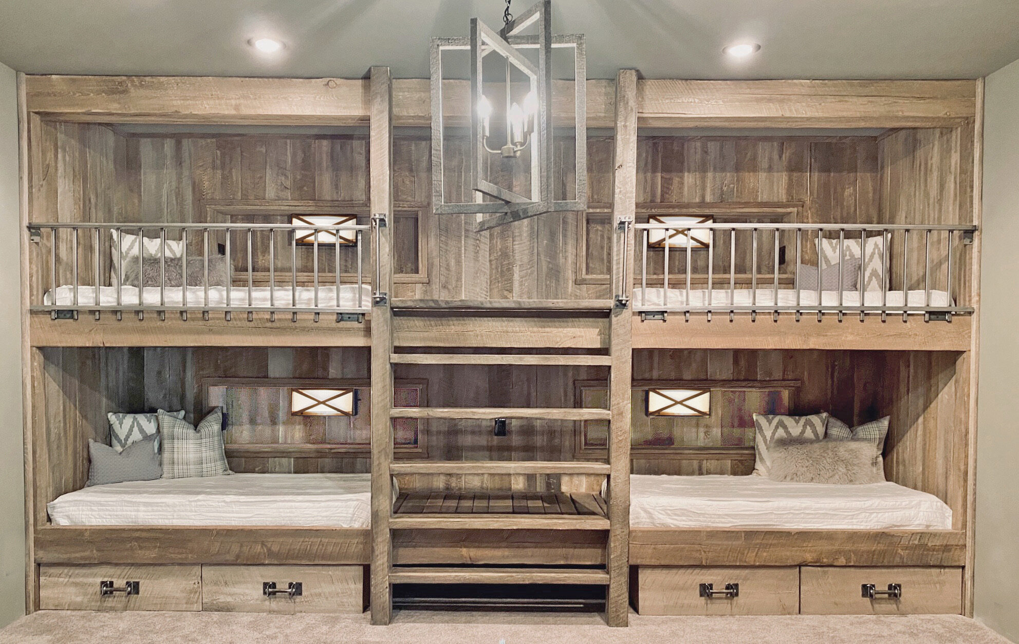 Cabinets With Mini Fridge & Microwave Flanked By Taupe Built In Bink Beds  Design Ideas