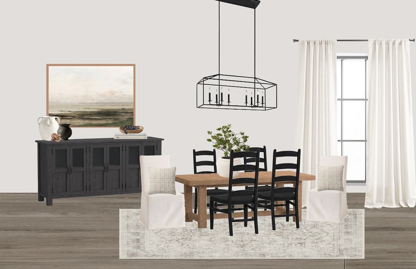 Since you all loved the main living space in this project so much, I wanted to share more of this transformation!
The client already had her beautiful table, chairs, rug, and sideboard in place, but she needed that extra touch to pull the dining room