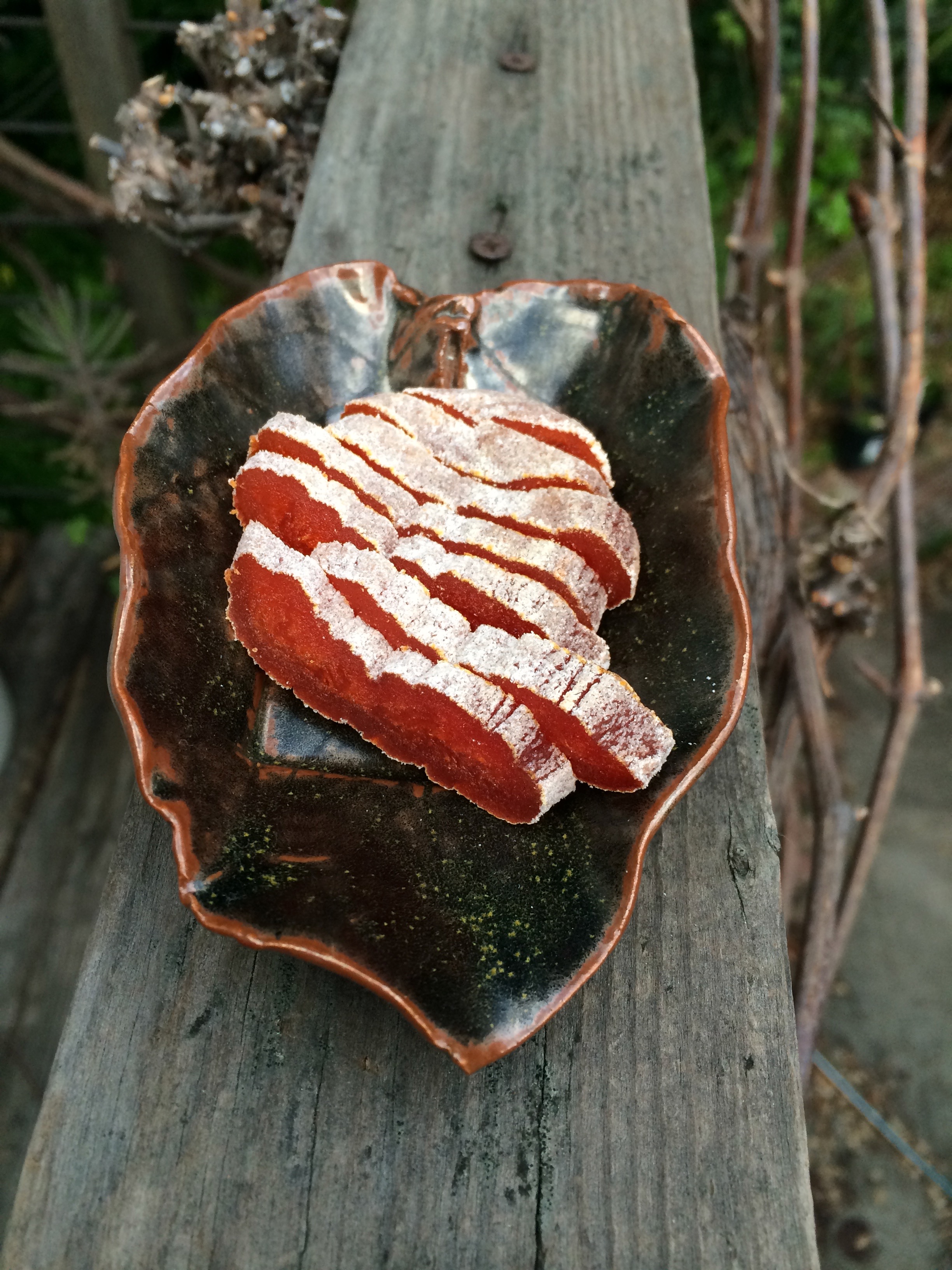 Glazed persimmon leaf plate with sliced dried Hachiya fruit