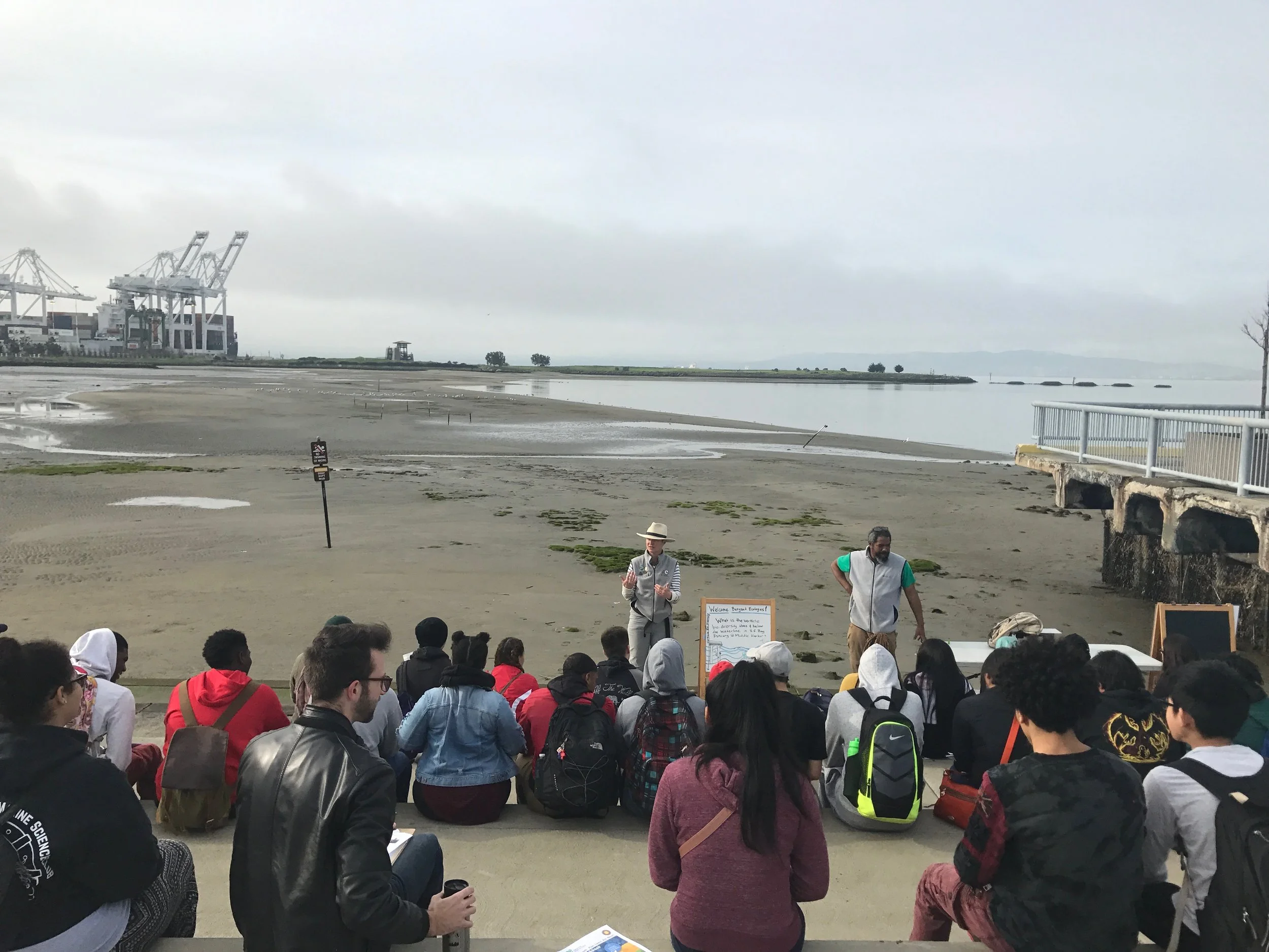 Buoyant Ecologies collaboration with Y-PLAN and the Middle Harbor Shoreline Park ecologists to educate 60 Oakland Skyline High School students about shoreline ecology