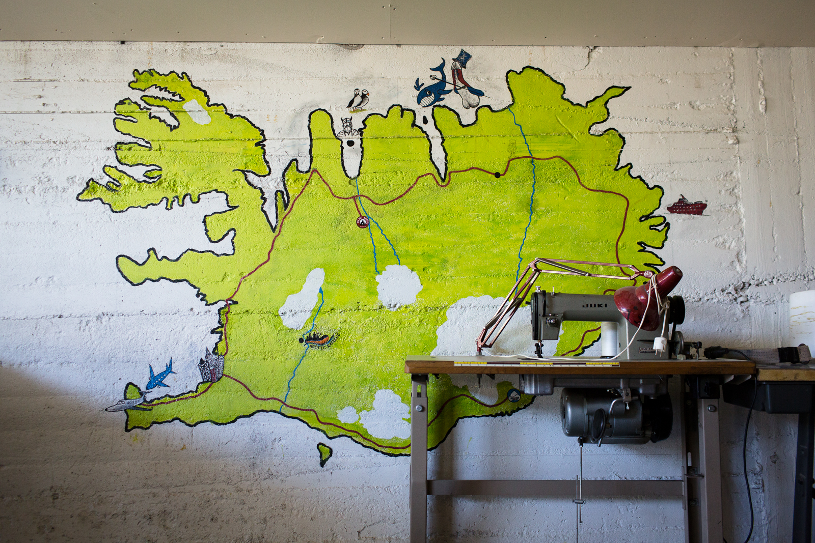 A map of Iceland is painted on a wall at a whitewater rafting business in eastern Iceland. 