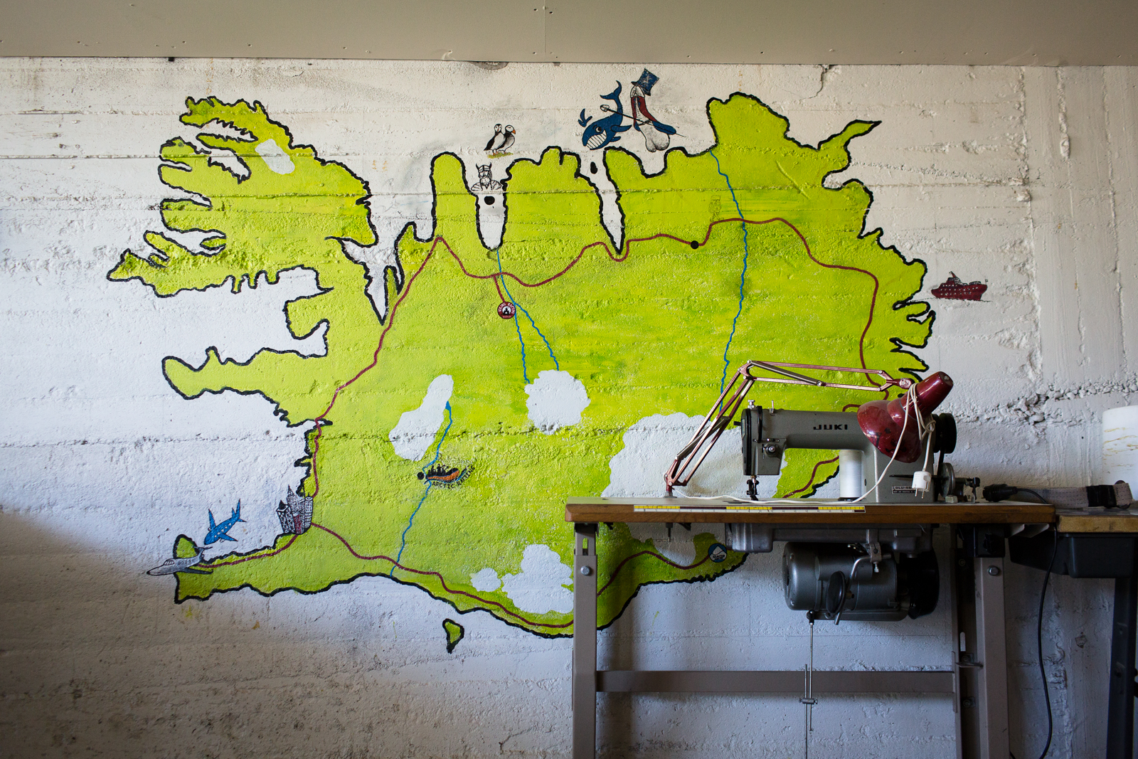 A map of Iceland is painted on a wall at a whitewater rafting business in eastern Iceland.