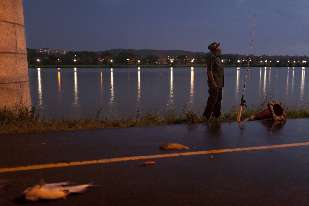  Ed fishes under the John Philip Sousa bridge on a Friday night in June, 2012. 