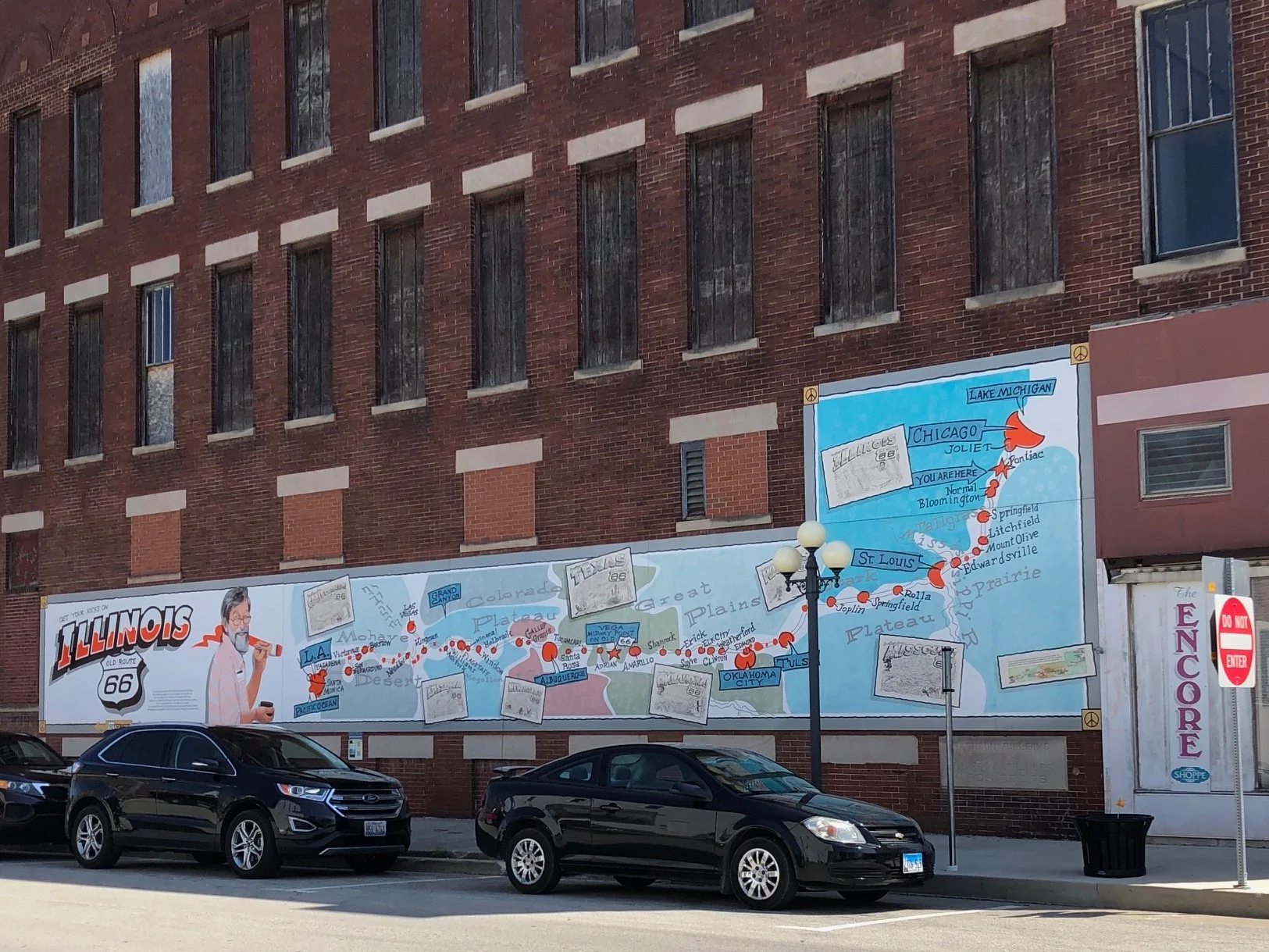 Bob Waldmire designed this Route 66 mural in Pontiac as his last commission. (One Illinois/Ted Cox)