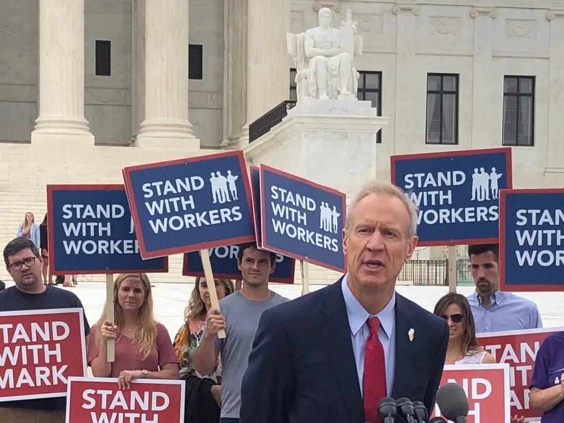 Gov. Bruce Rauner discusses the Janus ruling on the steps of the U.S. Supreme Court Wednesday. But a new state website goes well beyond the remedies of that decision. (Twitter/Governor Rauner)