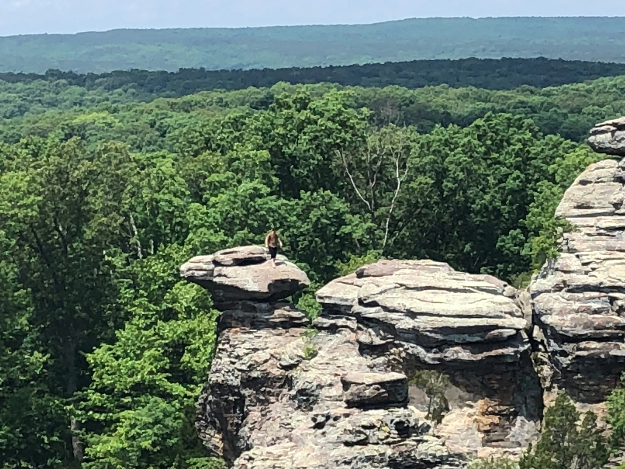 A sightseer stands atop Camel Rock at the Garden of the Gods in Shawnee National Forest in downstate Herod. (One Illinois/Ted Cox)