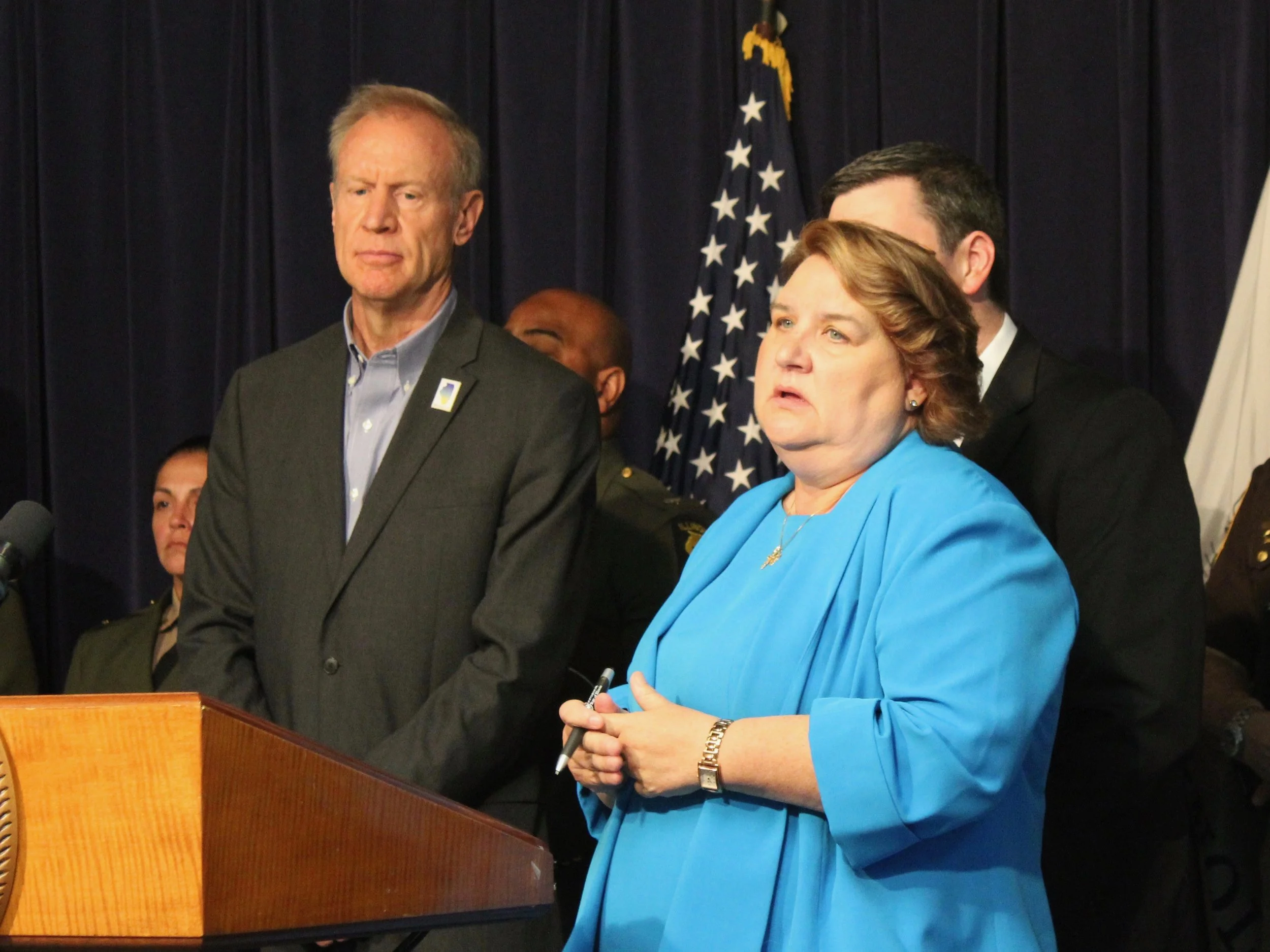 Gov. Bruce Rauner and state Rep. Kathleen Willis at a bill signing at the Thompson Center in Chicago earlier this summer. (One Illinois/Ted Cox)