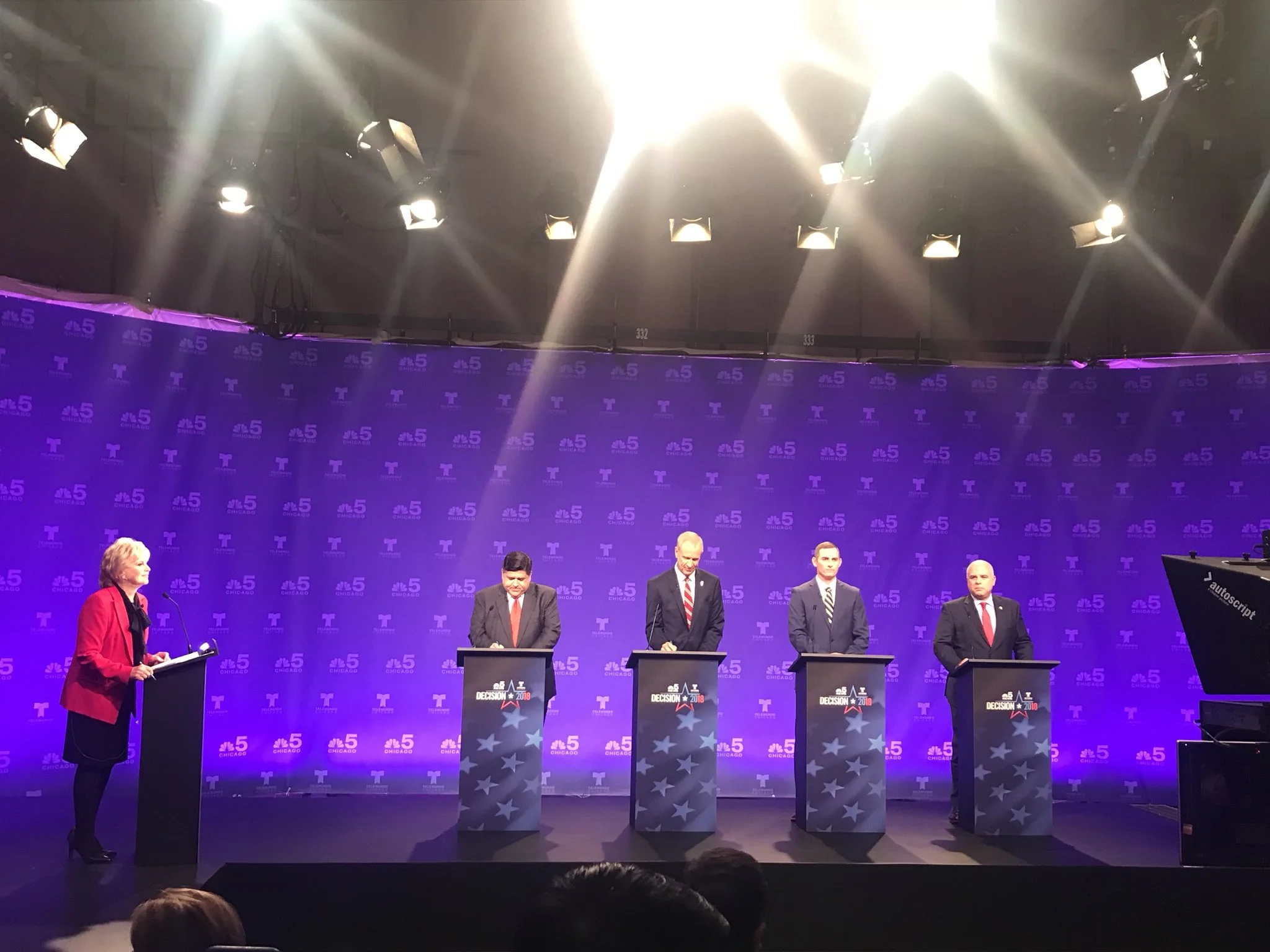 NBC’s Carol Marin, J.B. Pritzker, Gov. Bruce Rauner, Grayson “Kash” Jackson, and state Rep. Sam McCann take the stage for Thursday’s televised debate. (Twitter/Christian Mitchell)