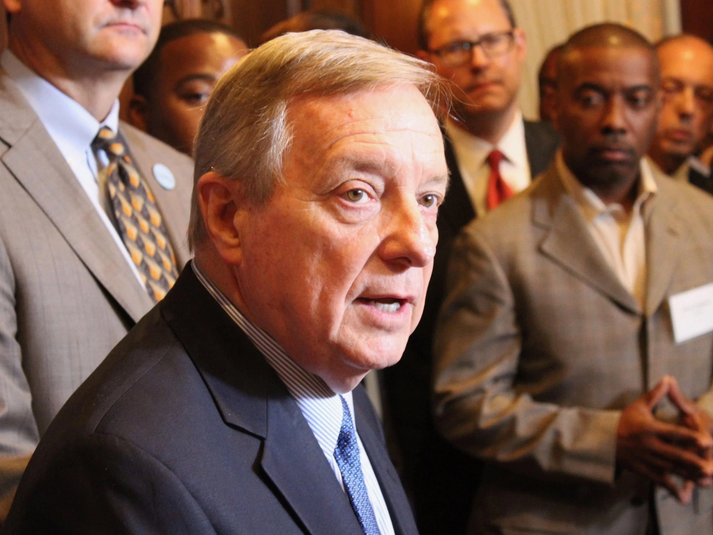 U.S. Sen. Dick Durbin discusses the Brett Kavanaugh U.S. Supreme Court confirmation at the City Club of Chicago Monday. (One Illinois/Ted Cox)