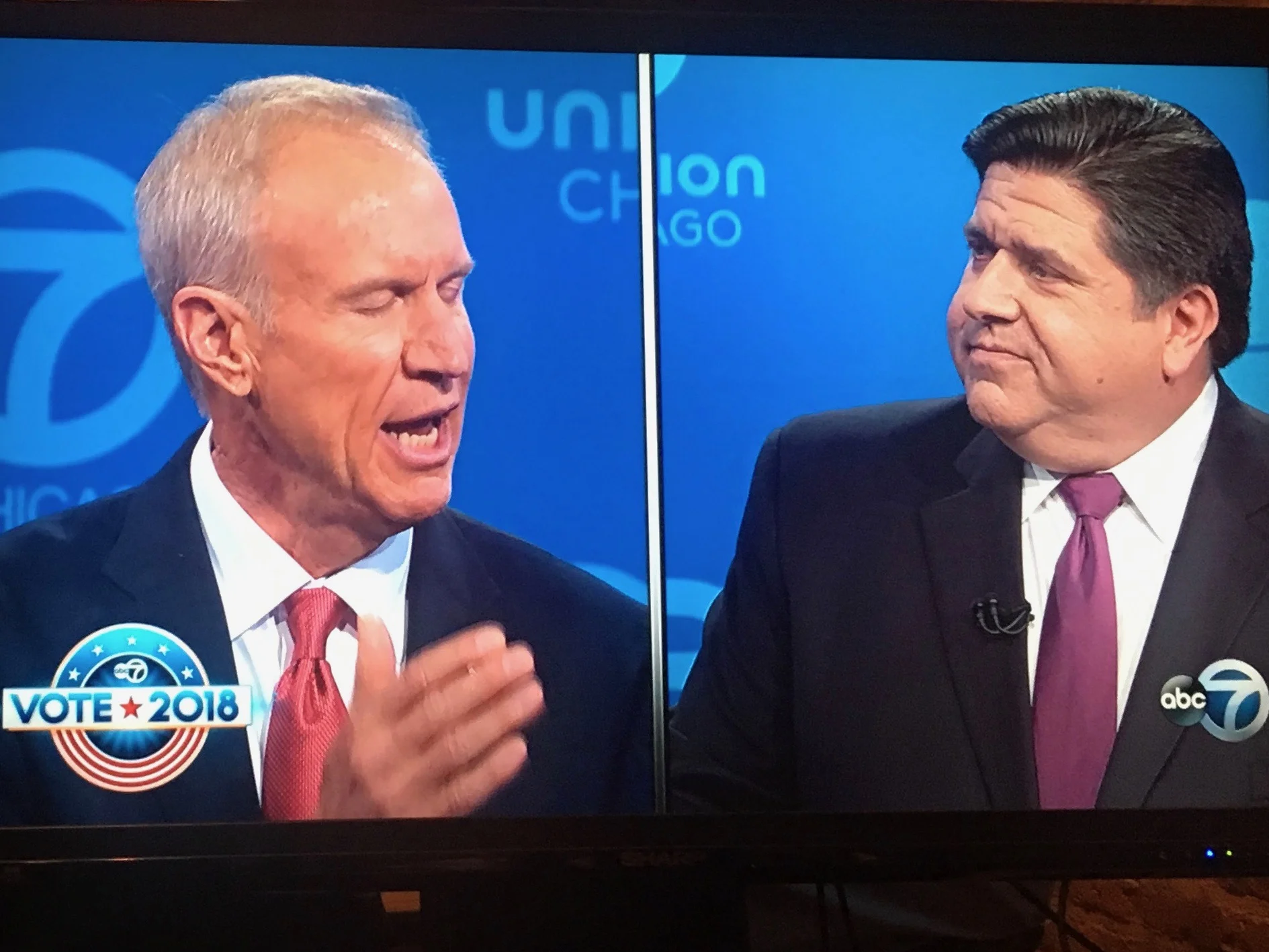 Gov. Bruce Rauner and J.B. Pritzker went head to head in the second of three scheduled debates for television. (WLS-TV)