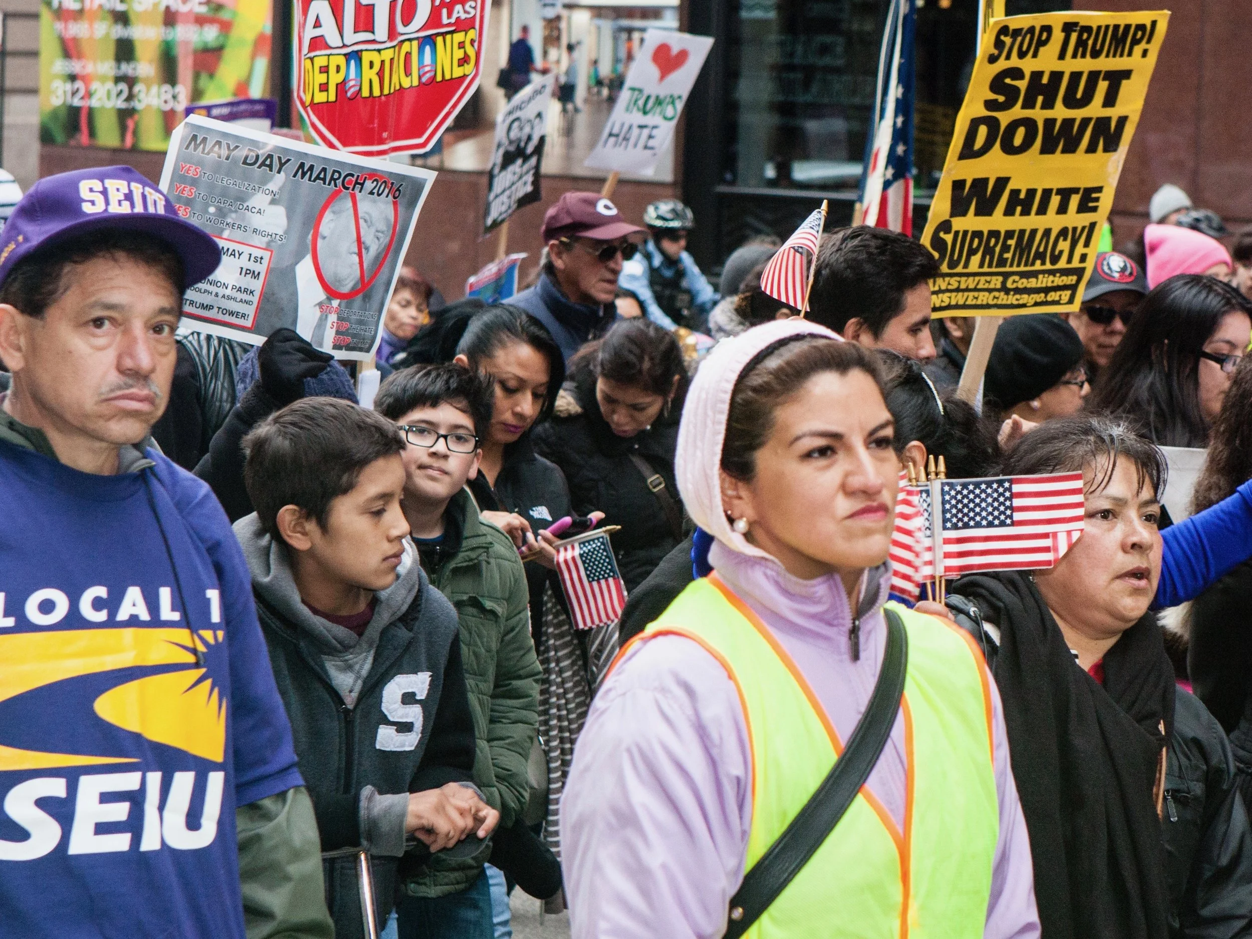 Protesters march in Chicago on May Day 2016. (Shutterstock/Marie Kanger Born)