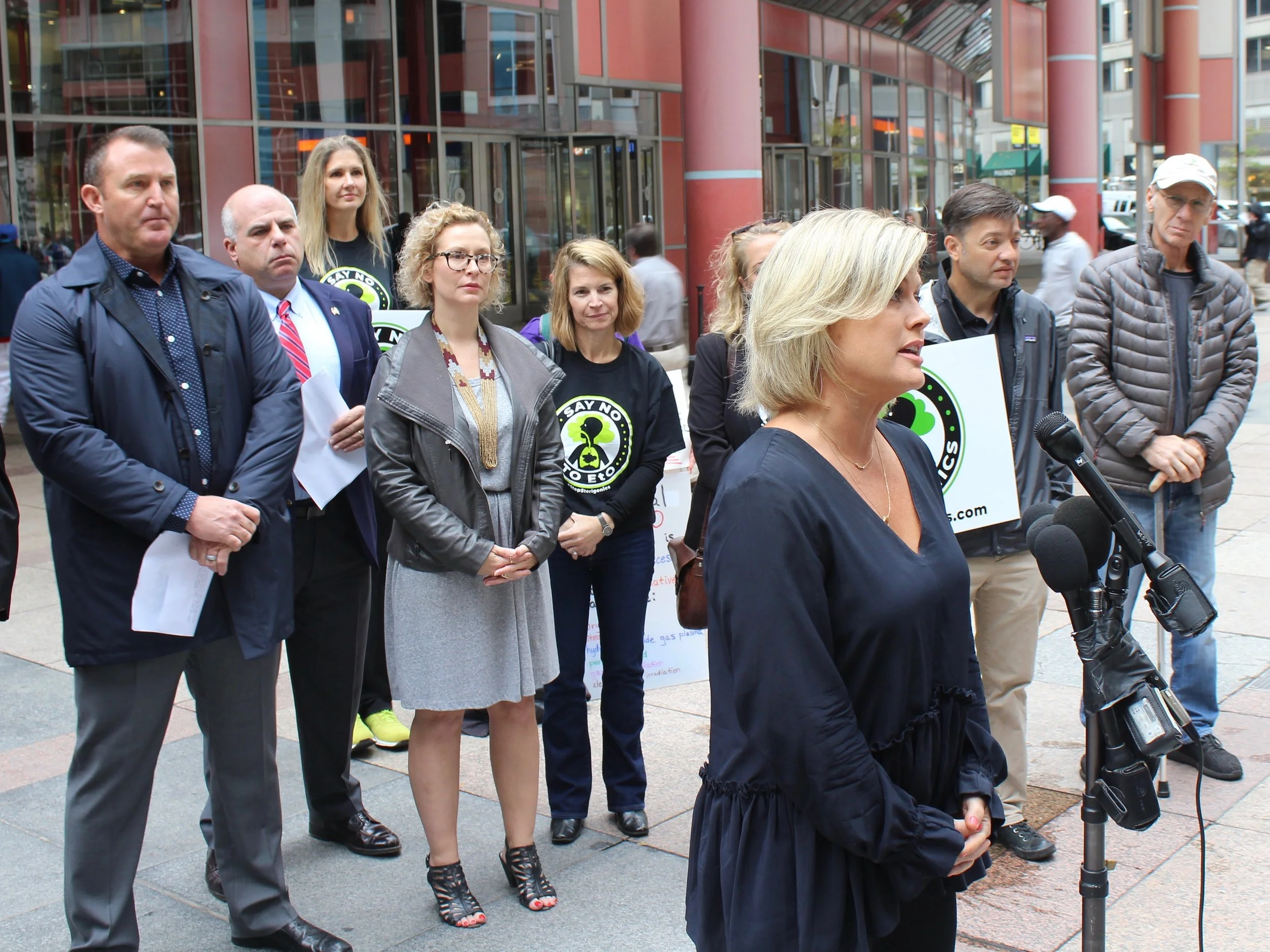 Members of Stop Sterigenics protest outside the Thompson Center in Chicago earlier this month. (One Illinois/Ted Cox)