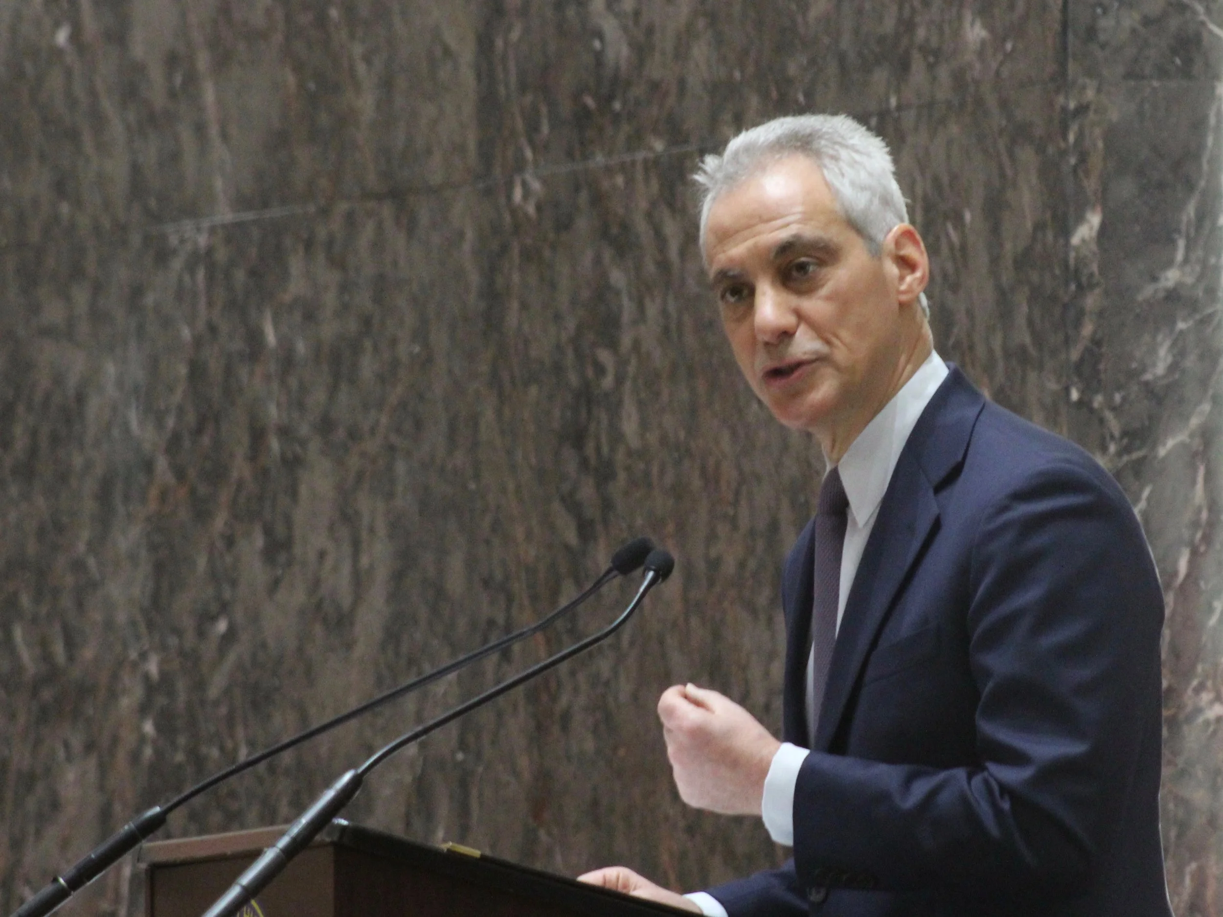 Mayor Rahm Emanuel addresses the Chicago City Council on pension fixes including amending the state constitution to allow a progressive income tax and legalizing marijuana. (One Illinois/Ted Cox)