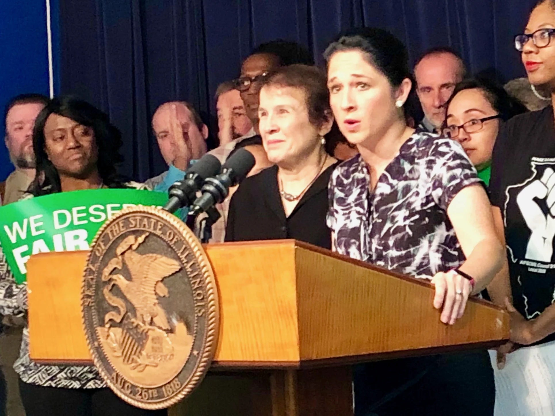 AFSCME Council 31 Executive Director Roberta Lynch and Comptroller Susana Mendoza warned last fall that Gov. Rauner was risking “hundreds of millions” in backpay in his extended conflict with state union workers. (One Illinois/Ted Cox)