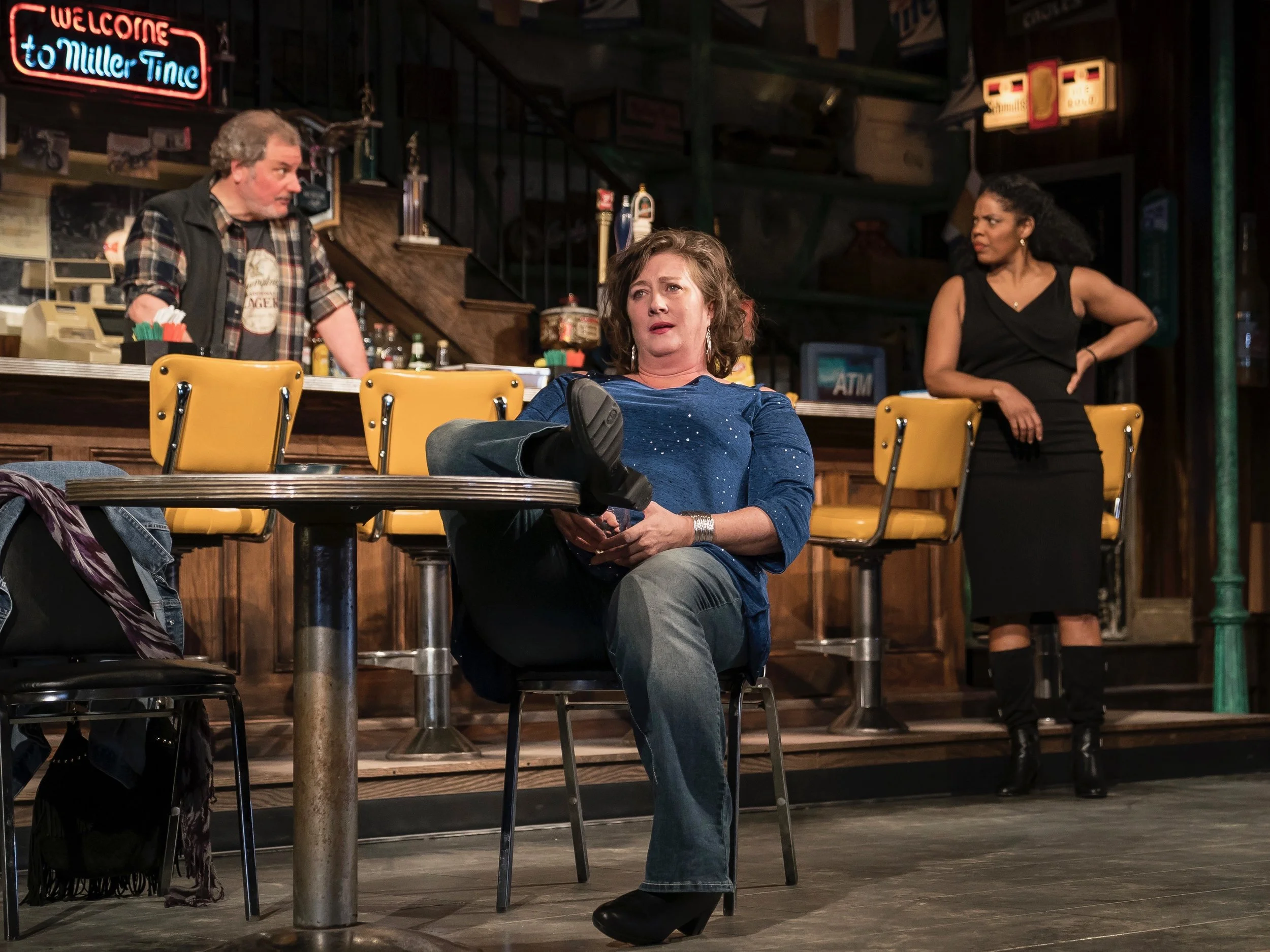 Keith Kupferer, Kirsten Fitzgerald, and Tyla Abercrumbie are factory workers at various stages of their lives in “Sweat” at Chicago’s Goodman Theater. (Goodman Theater/Liz Lauren)