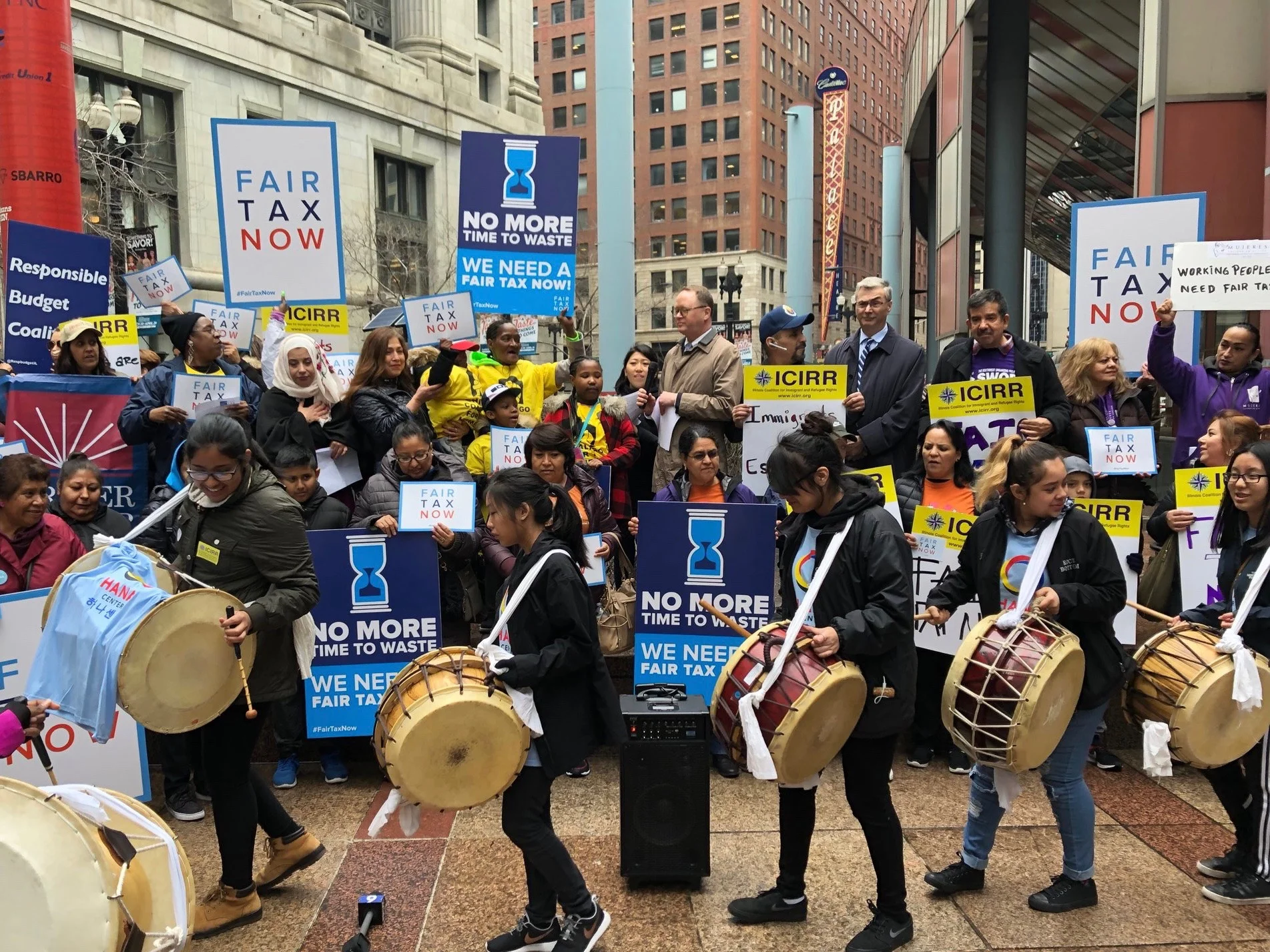 Union groups and immigration advocates rally outside the Thompson Center in Chicago this week in support of Gov. Pritzker’s “fair tax.” (Twitter/SEIU Healthcare)