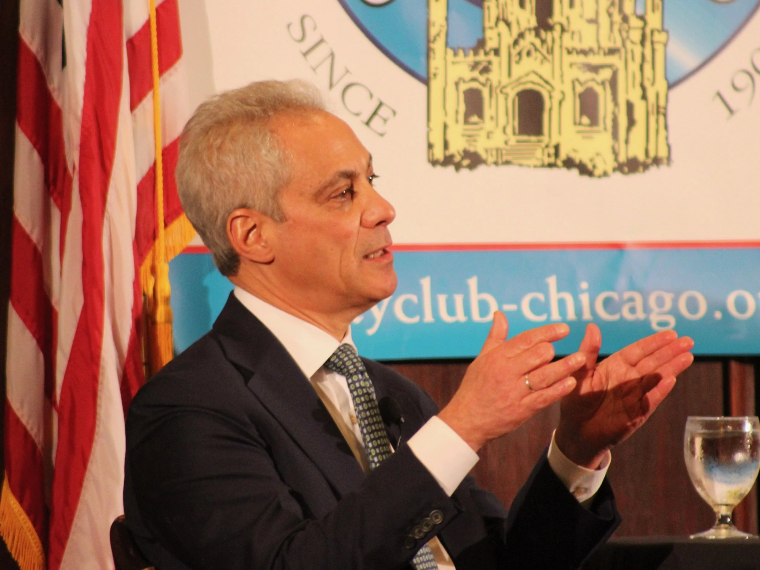 Mayor Rahm Emanuel conducts what amounts to an exit interview at a City Club of Chicago luncheon Thursday. (One Illinois/Ted Cox)