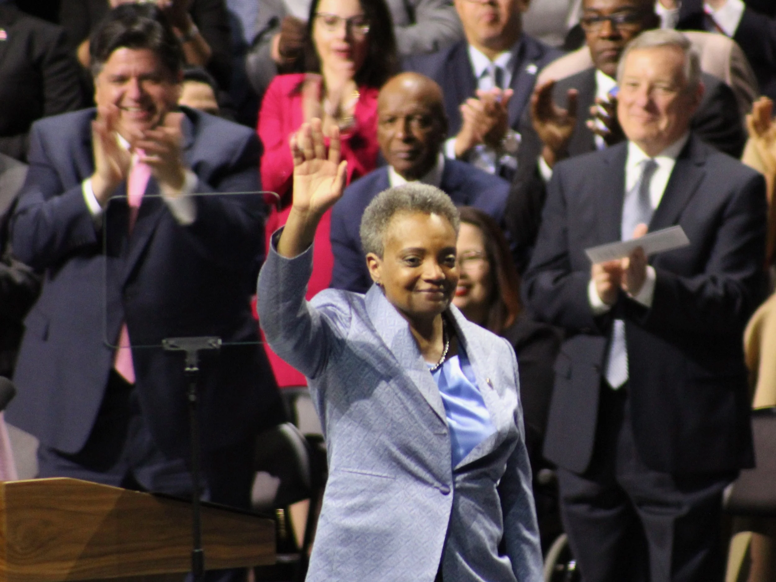 Chicago Mayor Lori Lightfoot acknowledges the crowd at her inauguration Monday. (One Illinois/Ted Cox)