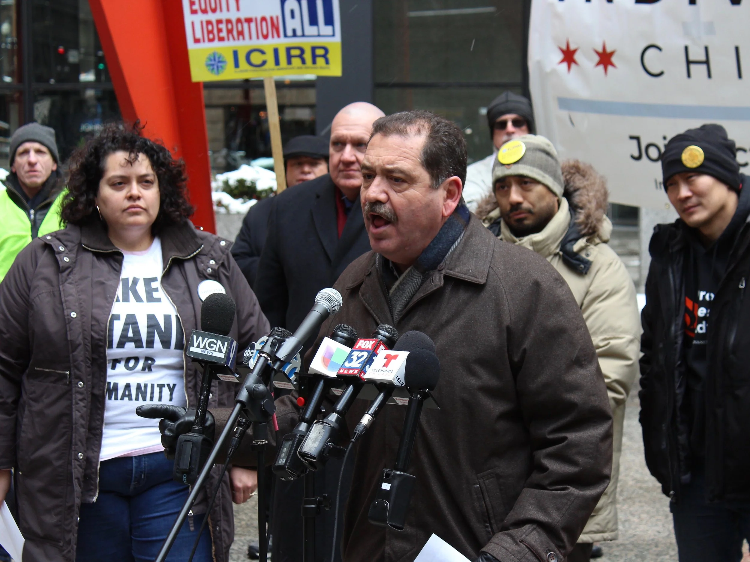 U.S. Rep. Jesus “Chuy” Garcia leads an immigration rally at Chicago’s Federal Plaza earlier this year. (One Illinois/Ted Cox)