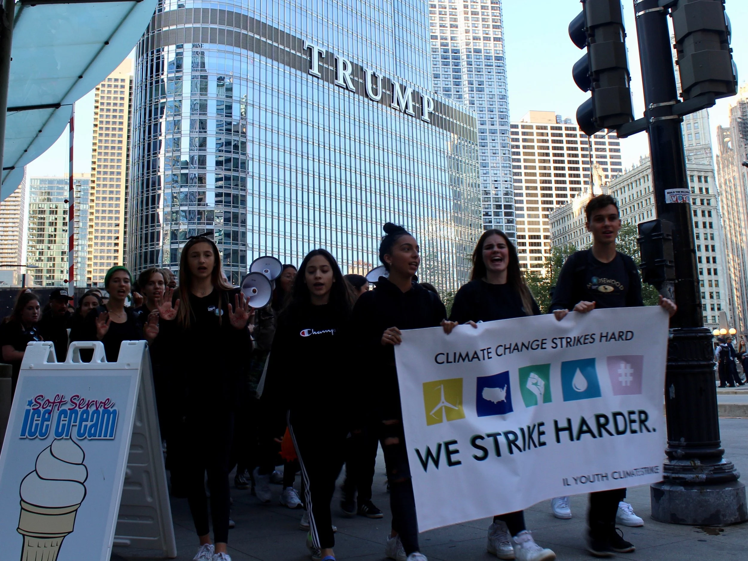 Illinois Youth Climate Strike protesters march past the Trump International Hotel and Tower in Chicago on Monday. (One Illinois/Ted Cox)