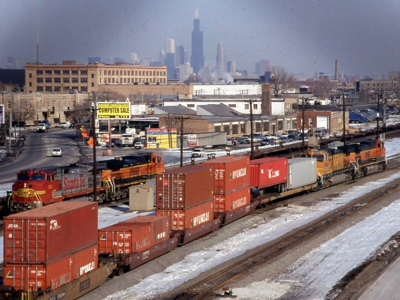 The Chicago skyline looms in the distance over the BNSF International rail yard in Cicero in a 2000 photo. (Flickr/David Wilson)