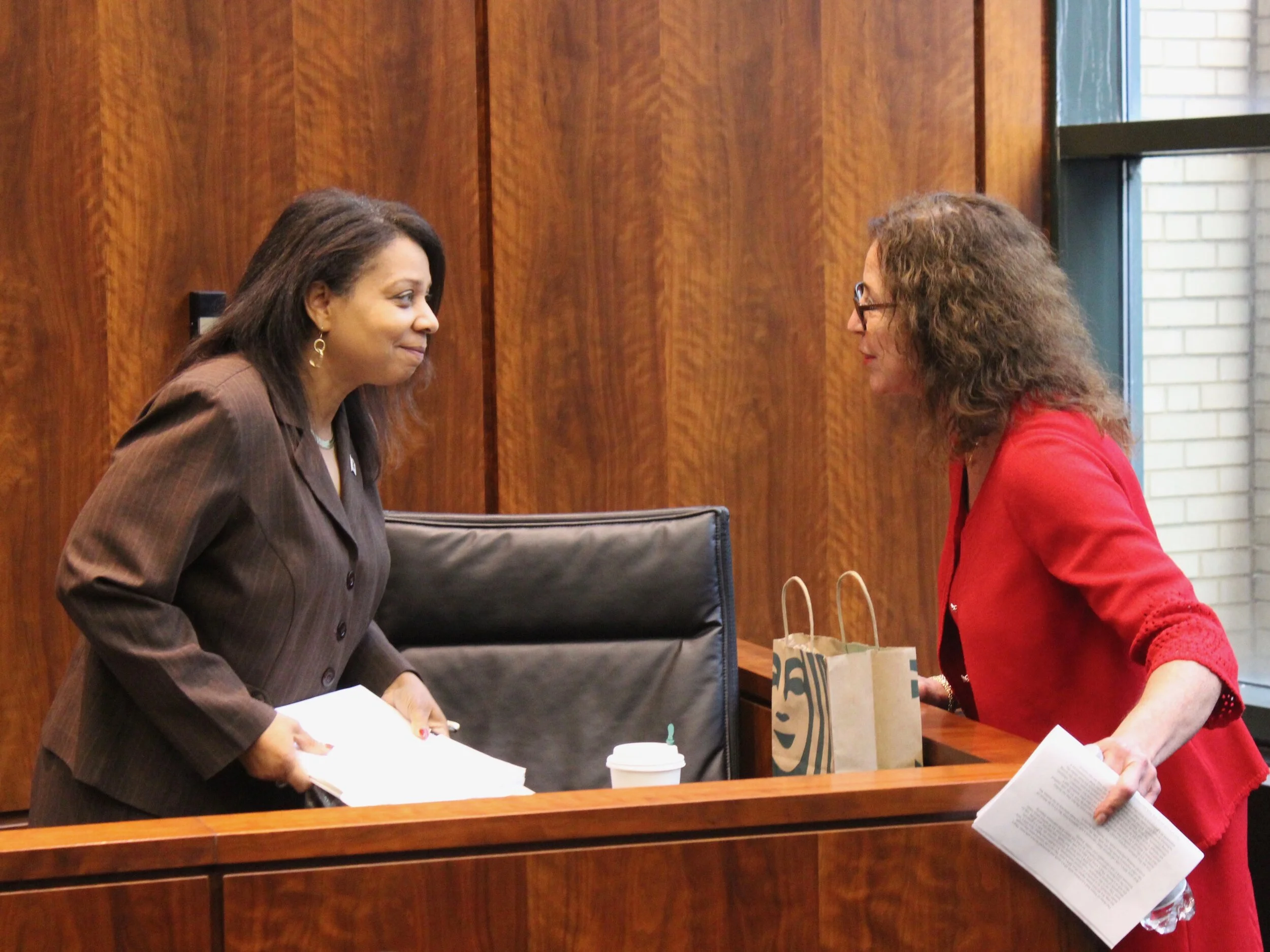 State Rep. Rita Mayfield and Gail Charnley talk after they clashed during Thursday’s House committee hearing on ethylene oxide. (One Illinois/Ted Cox)