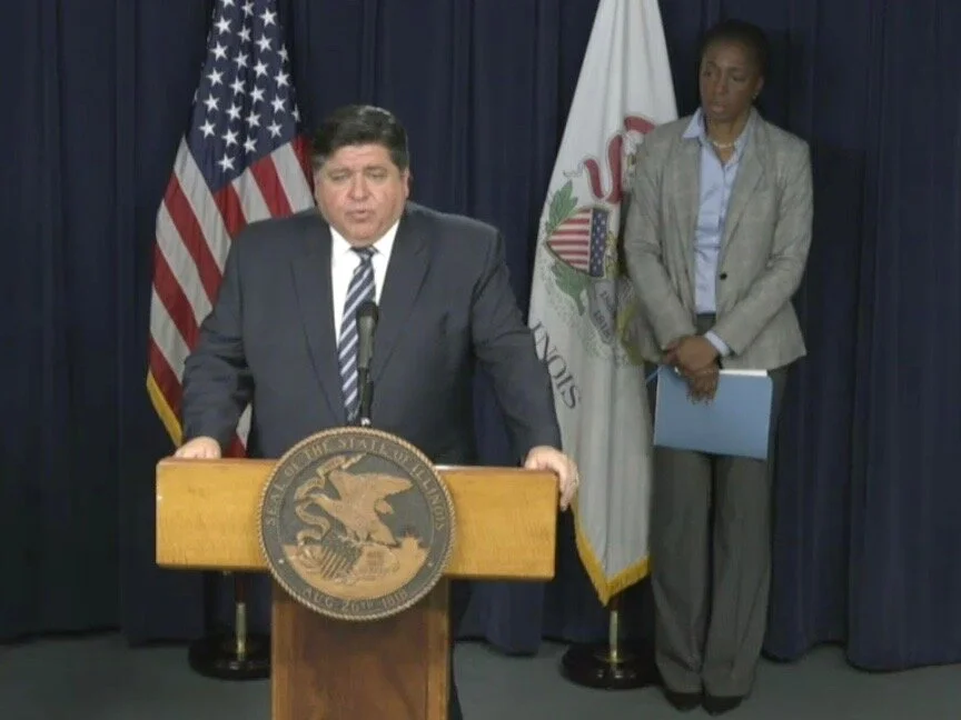 Gov. Pritzker and Dr. Ngozi Ezike, director of the Illinois Department of Public Health, conduct their daily coronavirus briefing Thursday at the Thompson Center in Chicago. (Illinois Information Service)