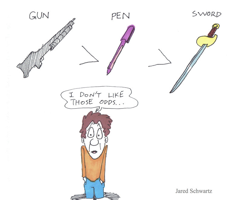  The Pen is Mightier Than the Sword. But the Gun is Mightier Than the Pen, and I don’t like those odds. Created in 2013. 