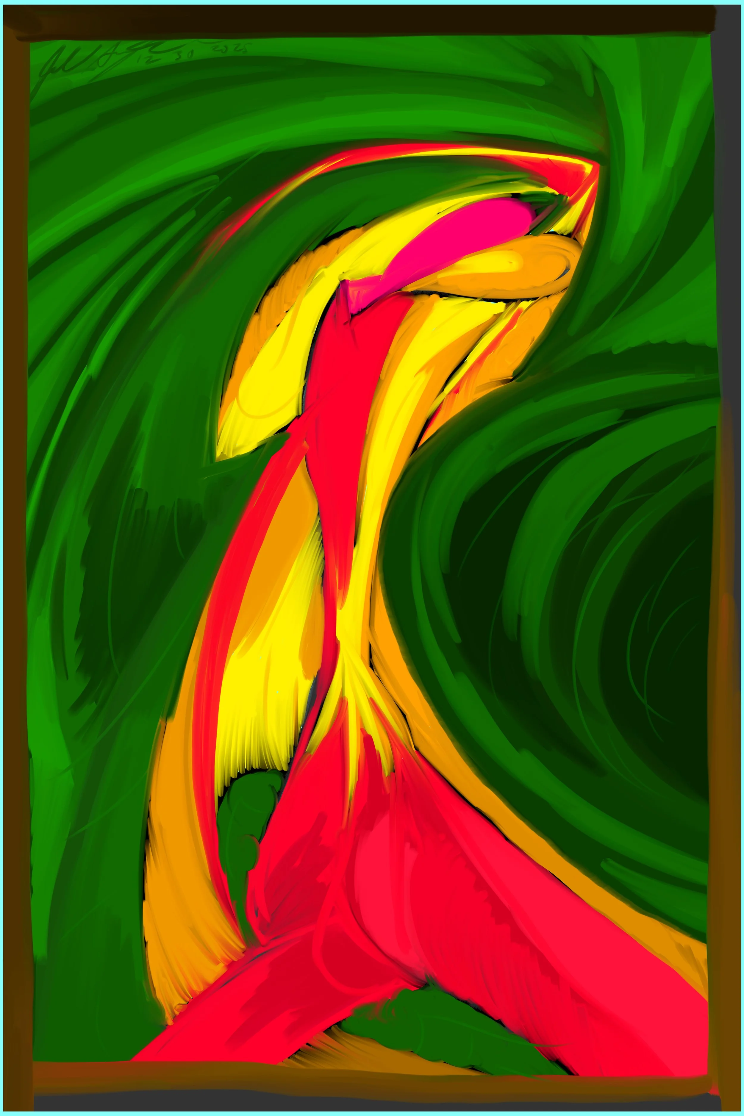 abstract images that might be fire or might be two colorful figures connecting and dancing in a green woodland environment